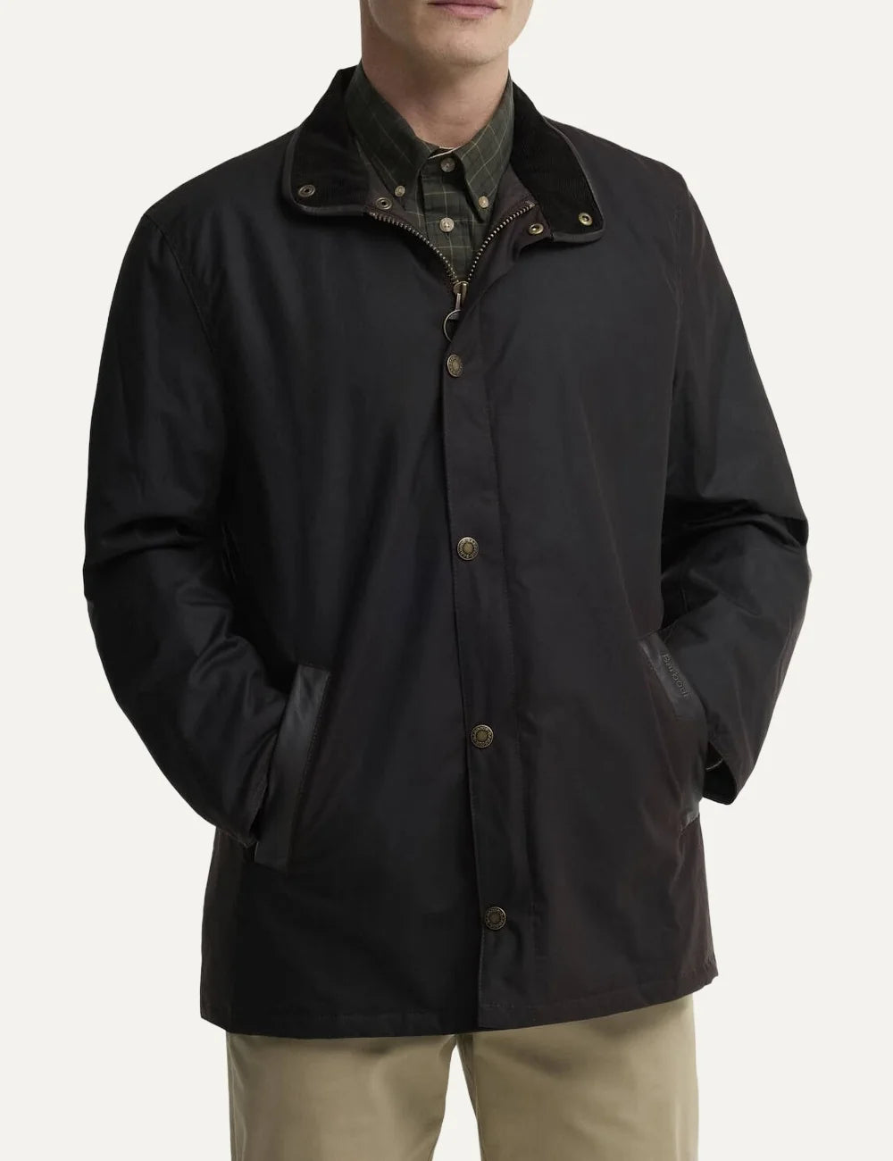 Barbour men Crayton dark brown waxed cotton jacket with leather trim stand collar and welt pockets model