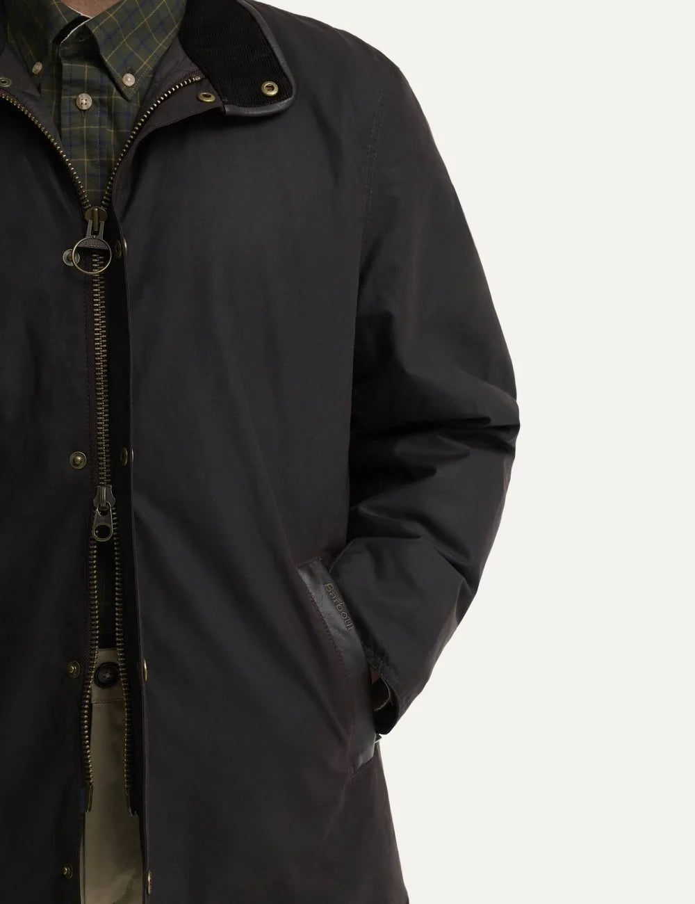 Barbour men Crayton dark brown waxed cotton jacket with leather trim stand collar and welt pockets detail