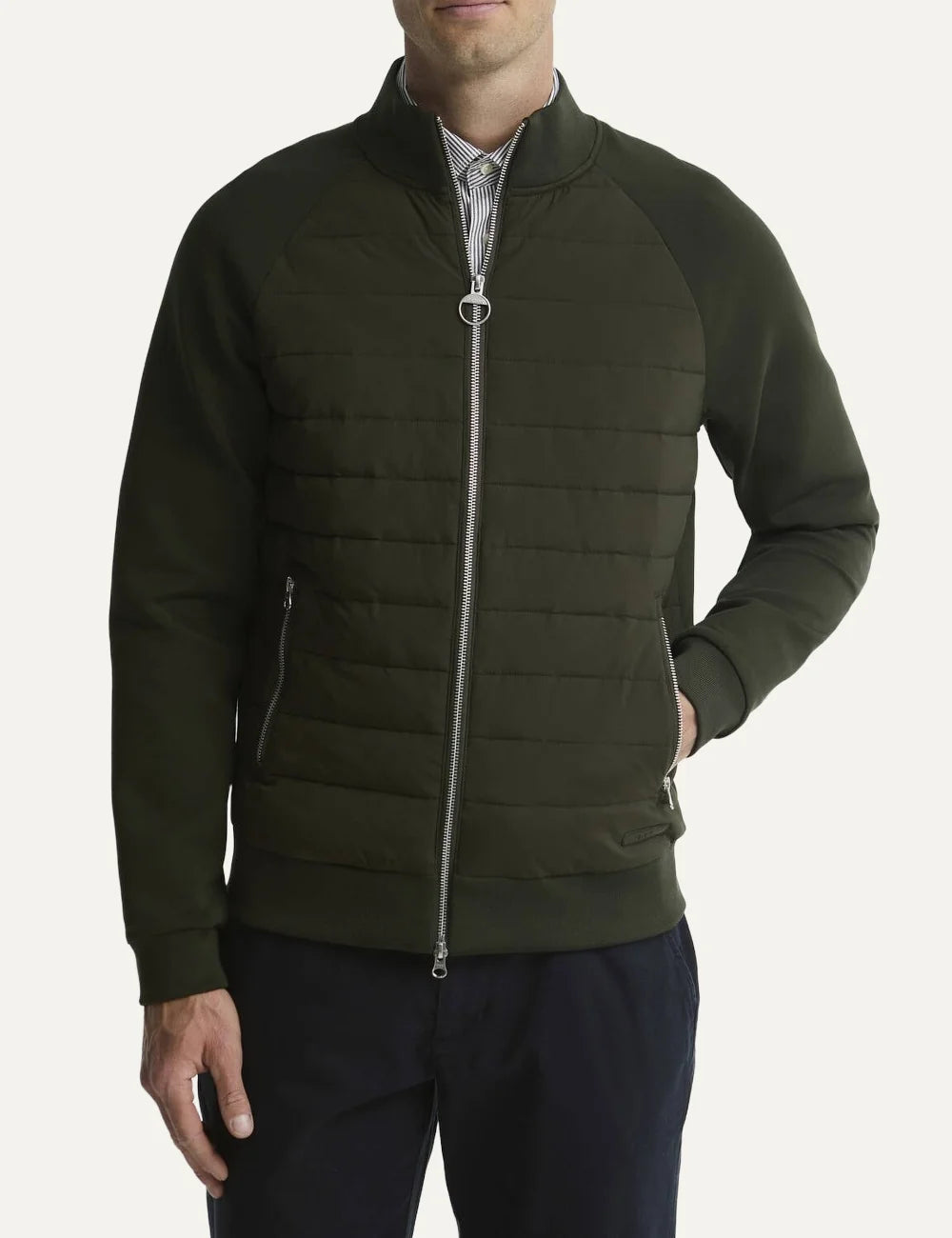 Barbour men Thornton dark green quilted sweatshirt with raglan sleeves zip pockets and two-way zip model