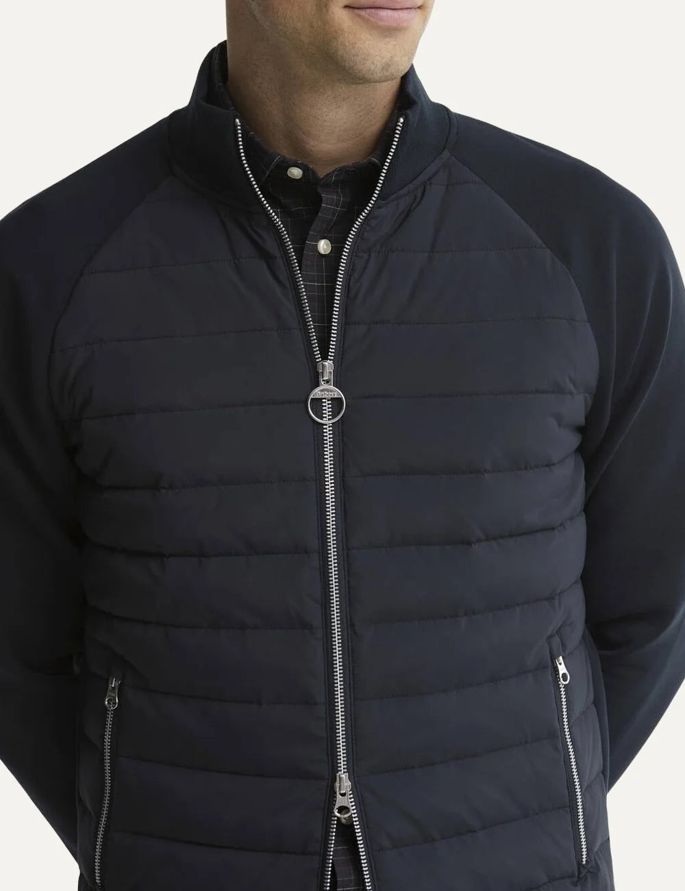 Barbour men Thornton navy quilted sweatshirt with raglan sleeves zip pockets and two-way zip model