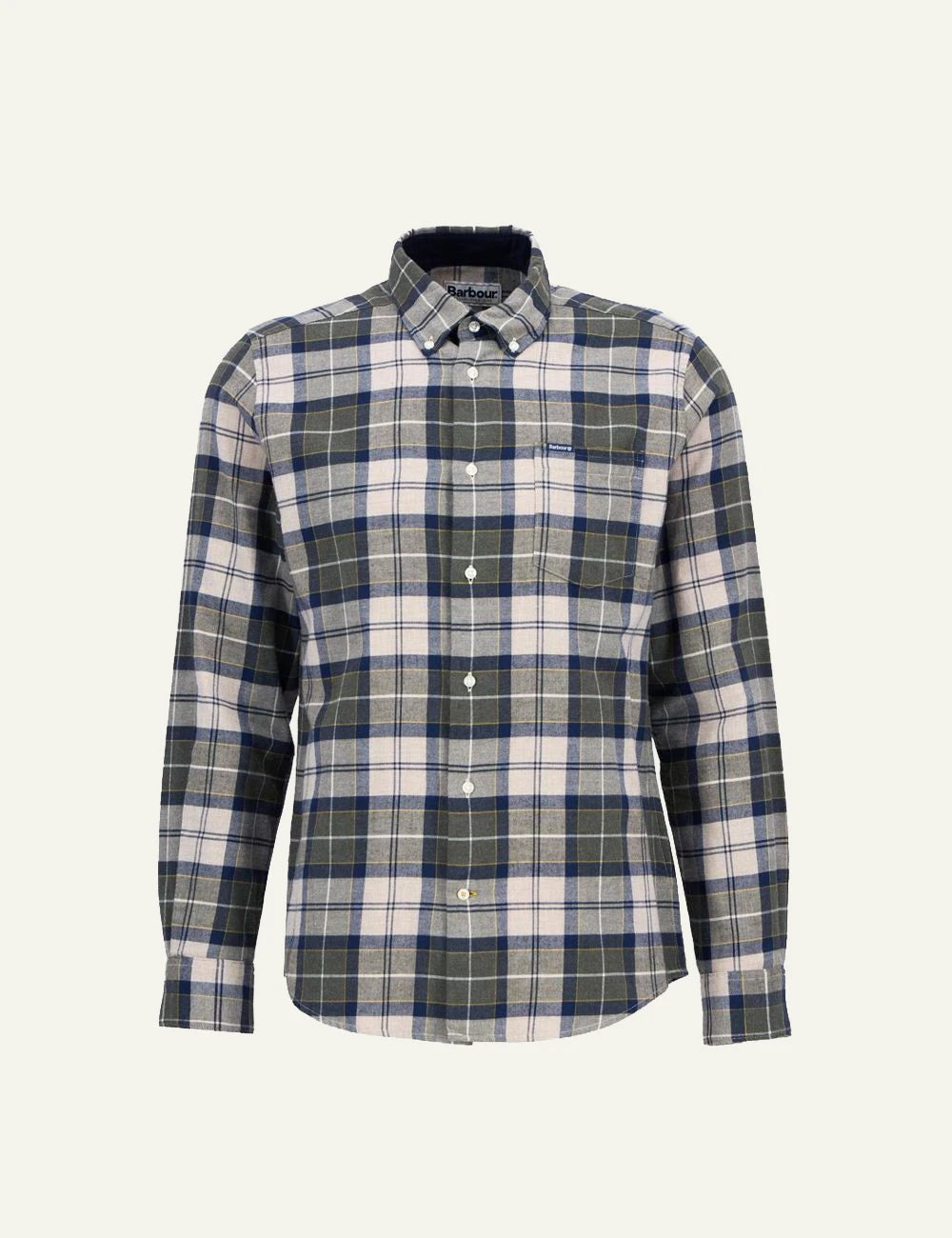 Barbour men's beige grey and blue check cotton long sleeve shirt