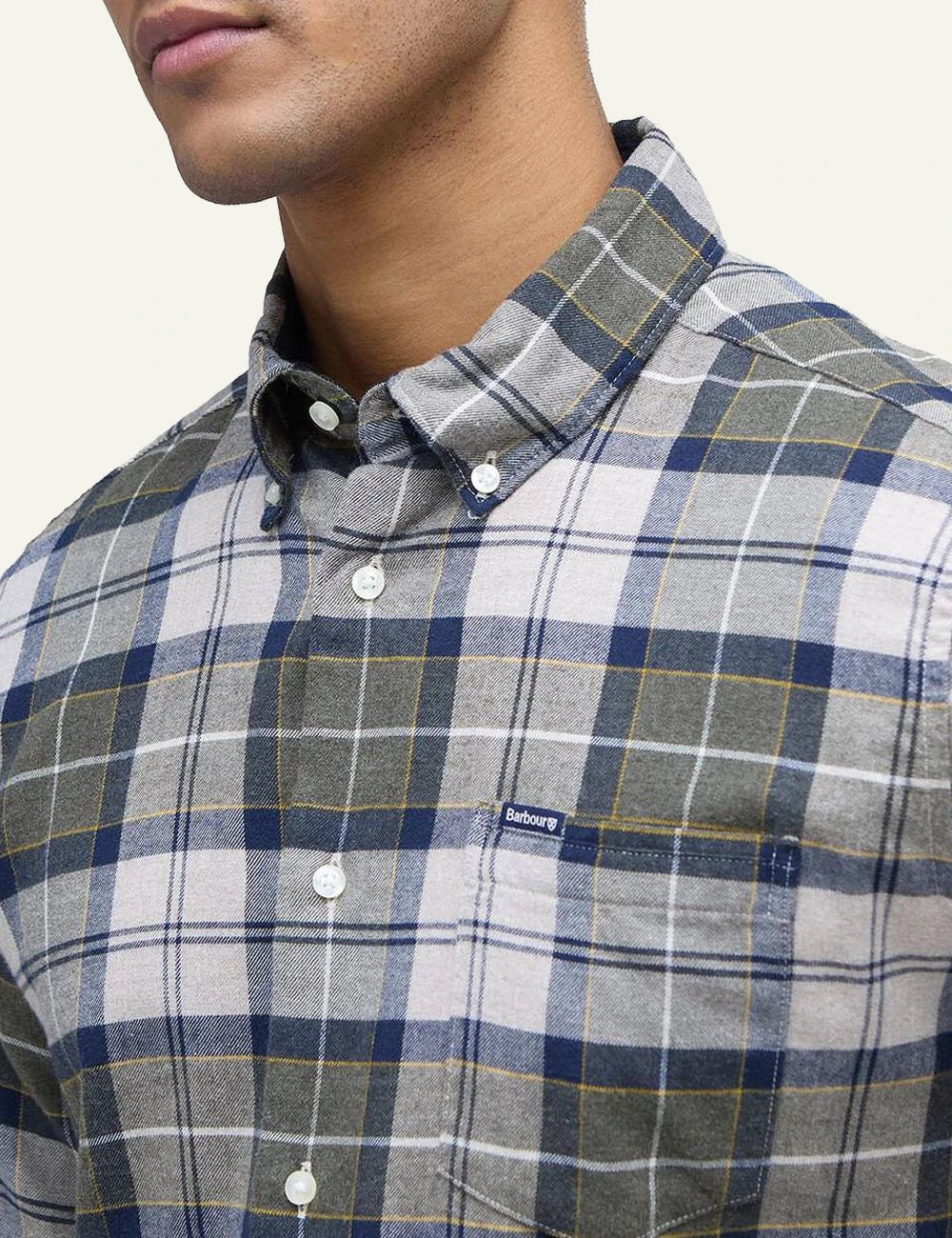 Barbour men's beige grey and blue check cotton long sleeve shirt detail