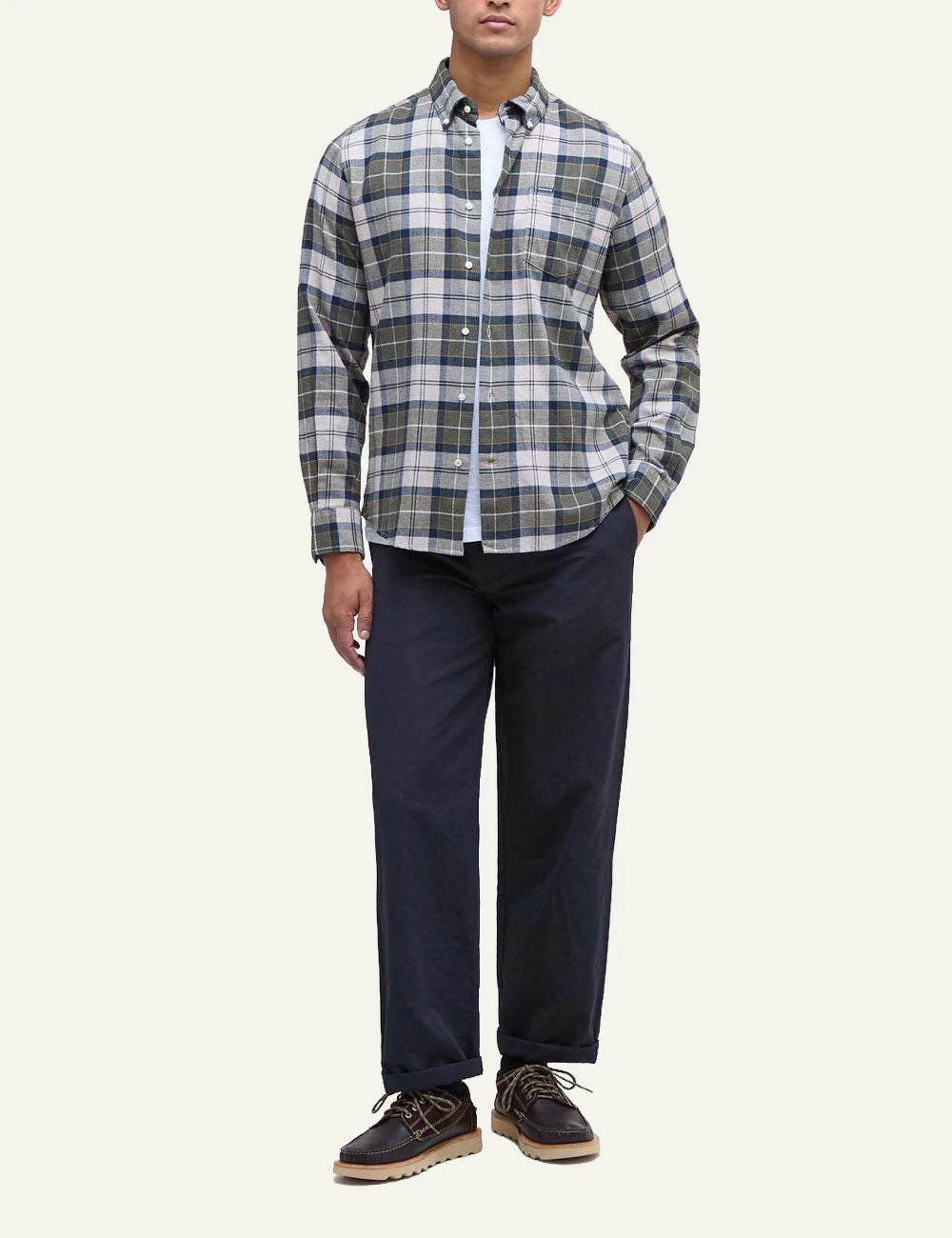Barbour men's beige grey and blue check cotton long sleeve shirt full body