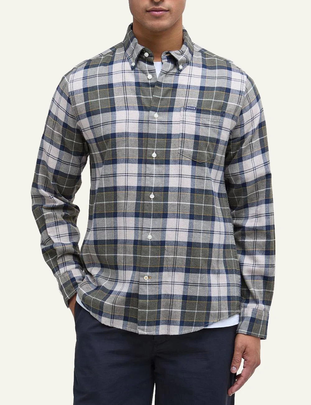 Barbour men's beige grey and blue check cotton long sleeve shirt model