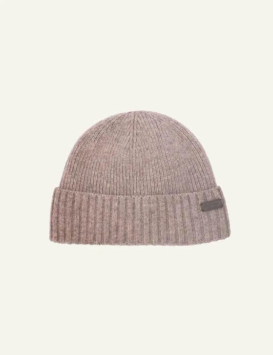 Men's Barbour beige-grey wool-blend knitted beanie with leather logo patch