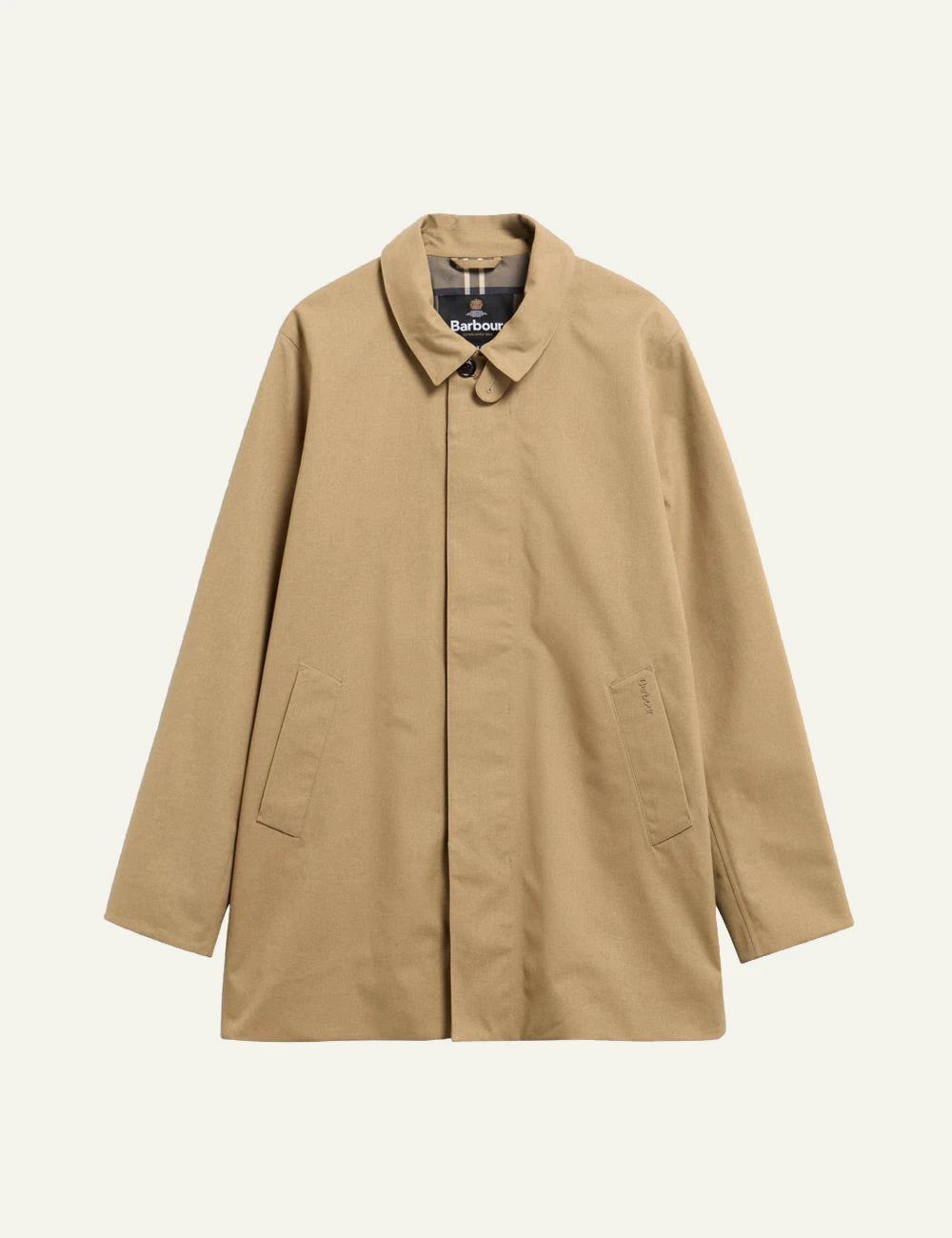 Men's Barbour beige waterproof coat with classic collar and concealed fastening