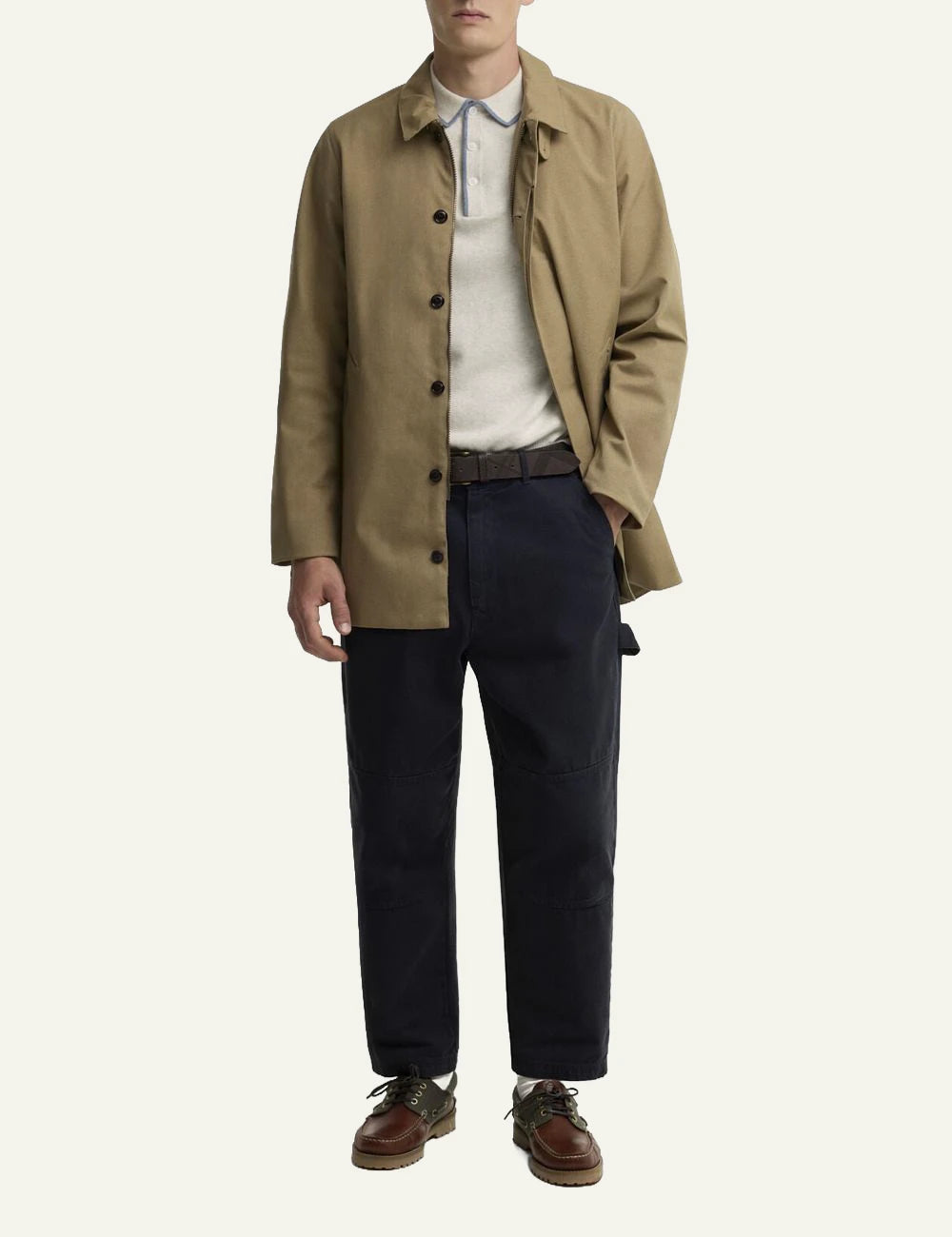 Men's Barbour beige waterproof coat with classic collar and concealed fastening full body