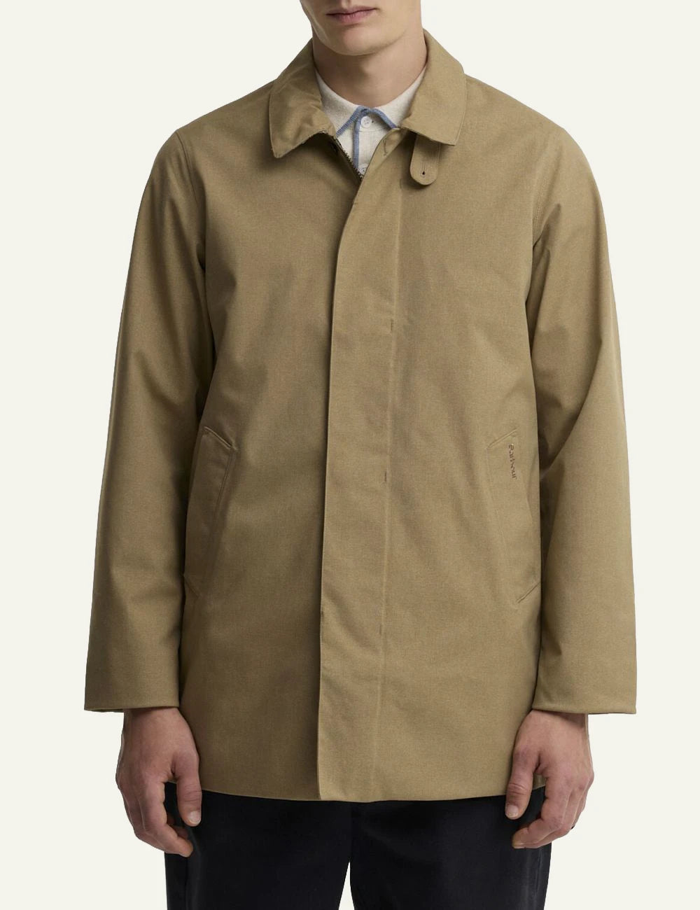 Men's Barbour beige waterproof coat with classic collar and concealed fastening model