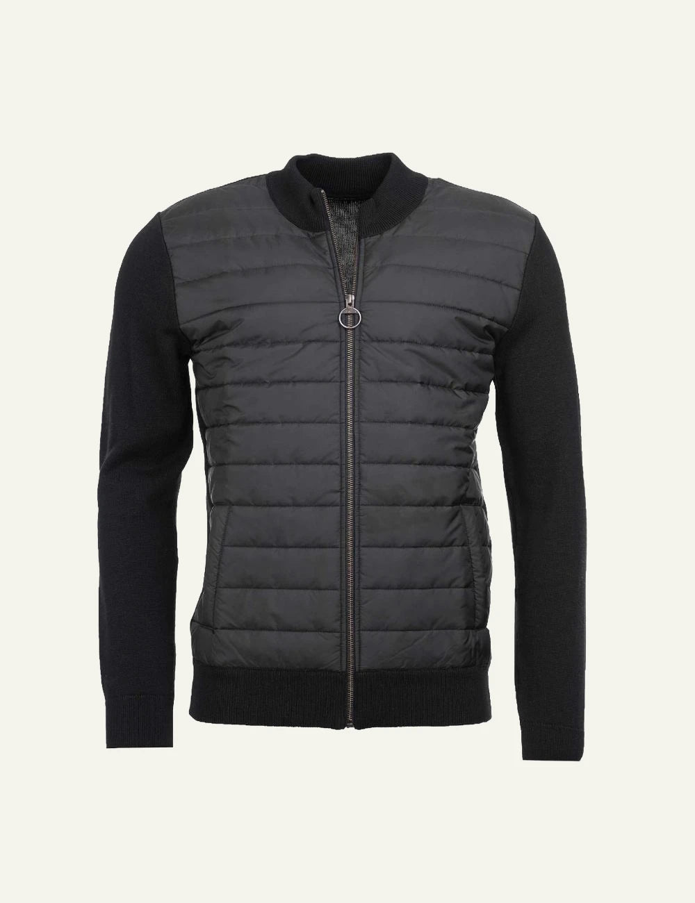 Men's Barbour black quilted jacket with knitted sleeves and zip closure