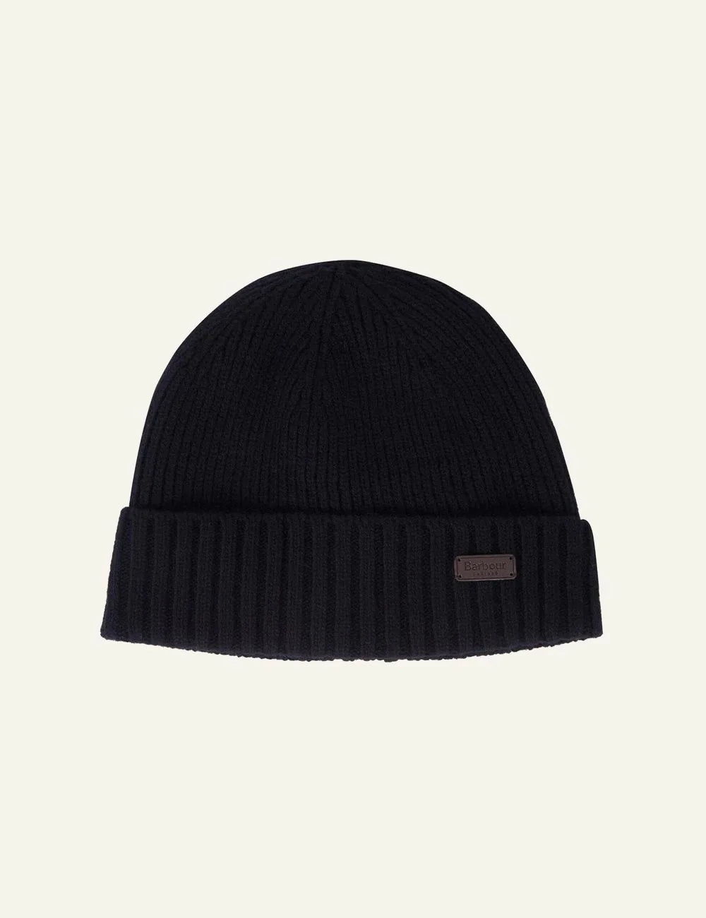 Men's Barbour black wool-blend knitted beanie with leather logo patch