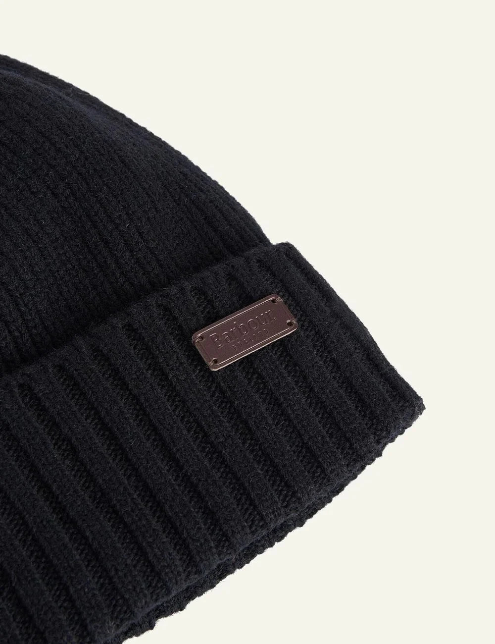 Men's Barbour black wool-blend knitted beanie with leather logo patch detail