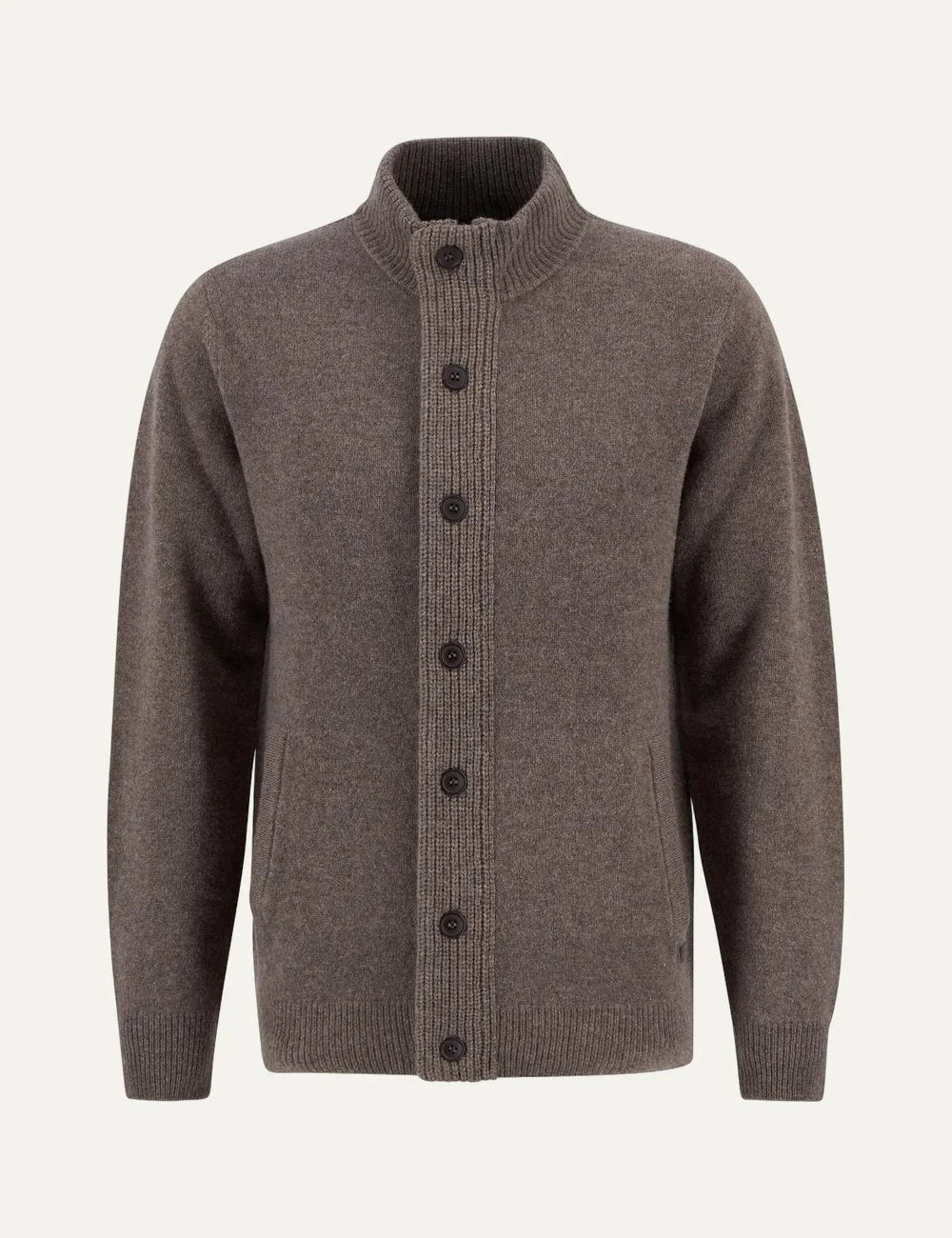 Barbour men's brown lambswool button-up knitted cardigan with Alcantara elbow patches
