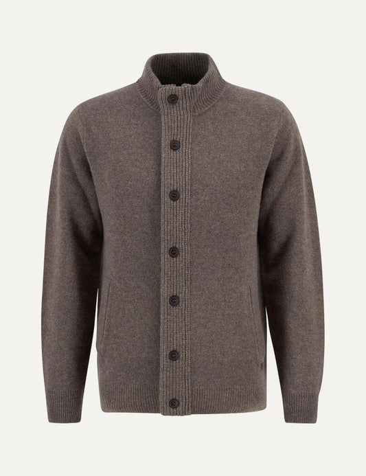 Barbour men's brown lambswool button-up knitted cardigan with Alcantara elbow patches