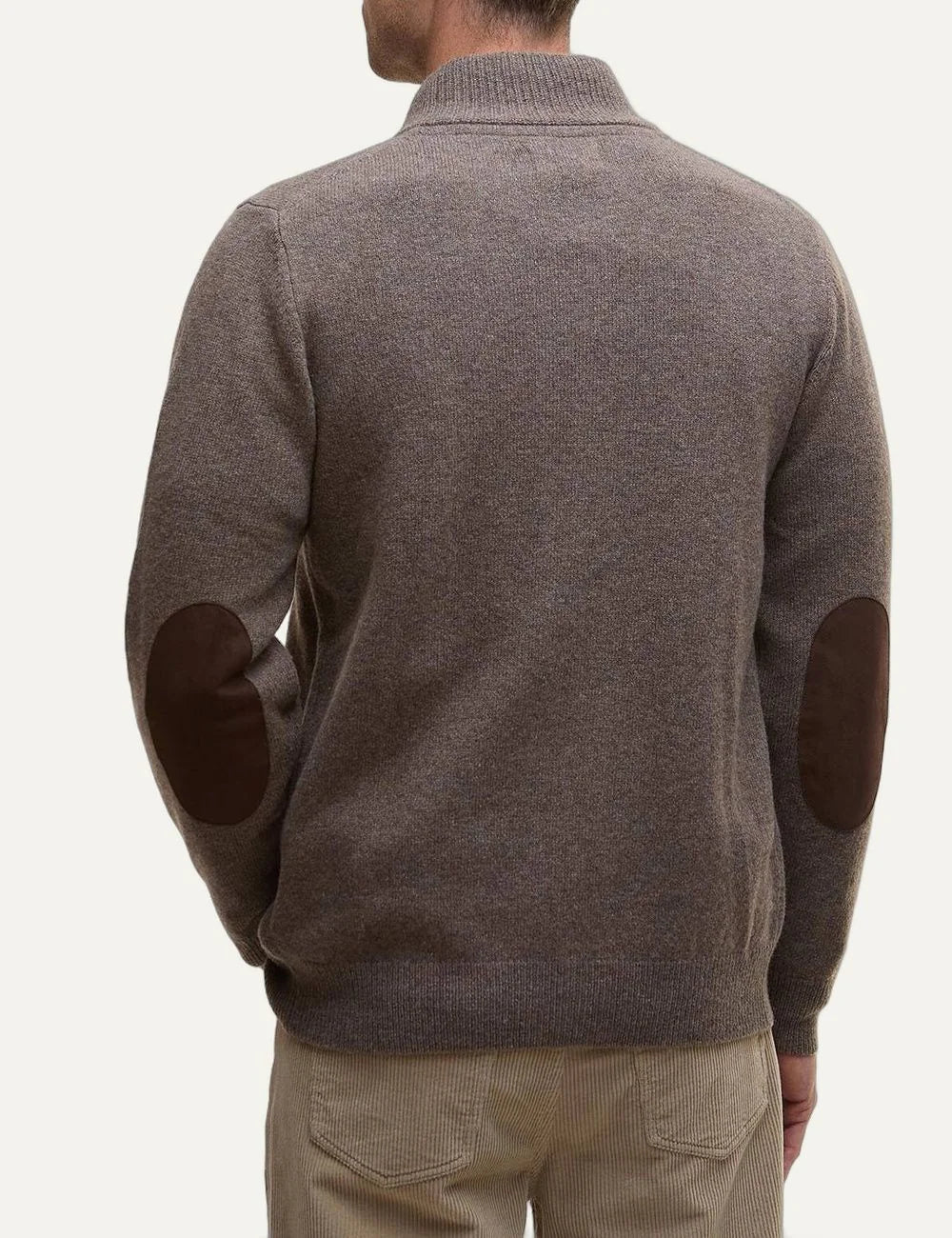 Barbour men's brown lambswool button-up knitted cardigan with Alcantara elbow patches back