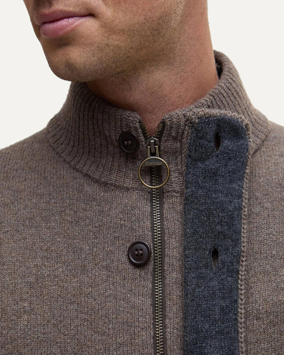 Barbour men's brown lambswool button-up knitted cardigan with Alcantara elbow patches detail