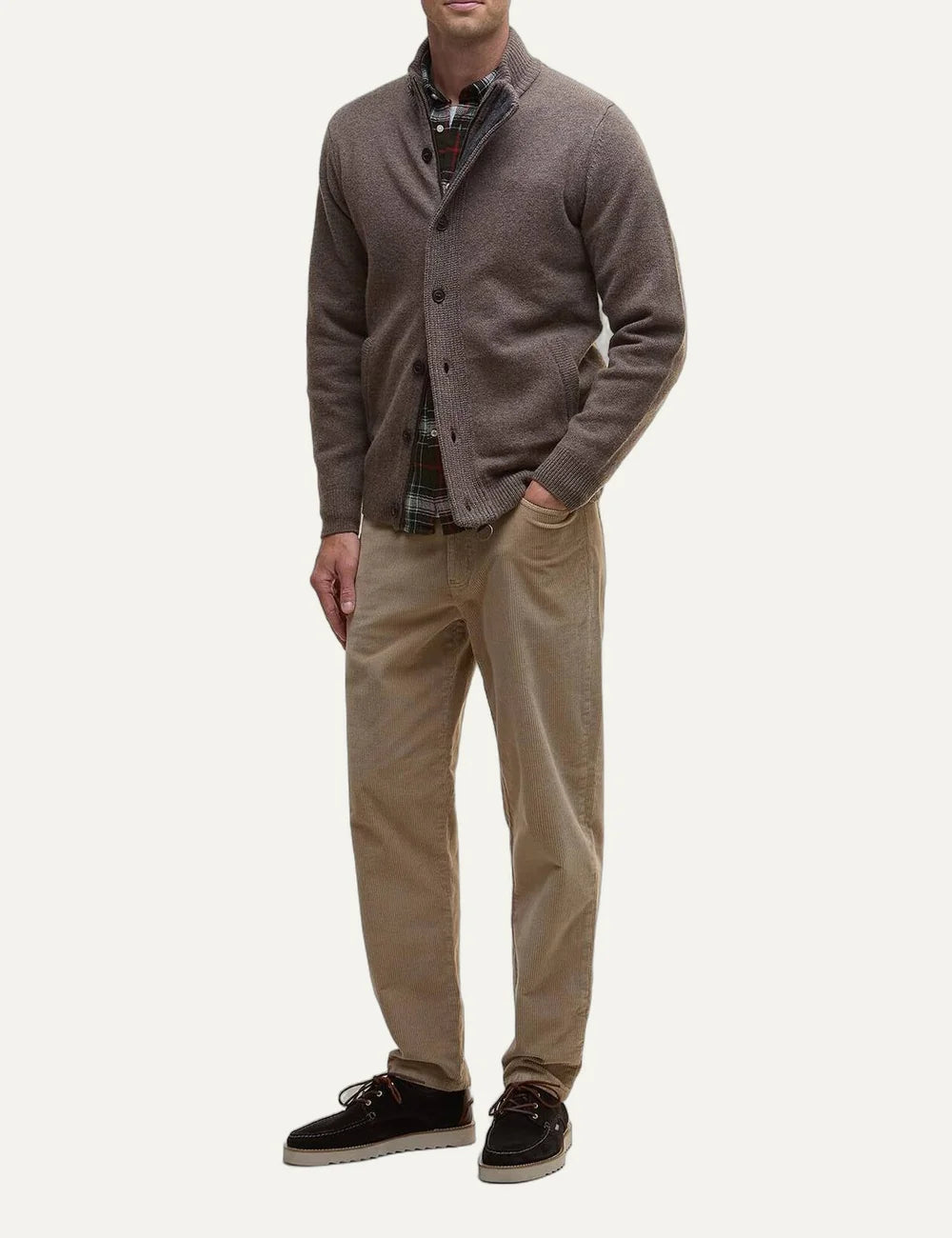 Barbour men's brown lambswool button-up knitted cardigan with Alcantara elbow patches full body