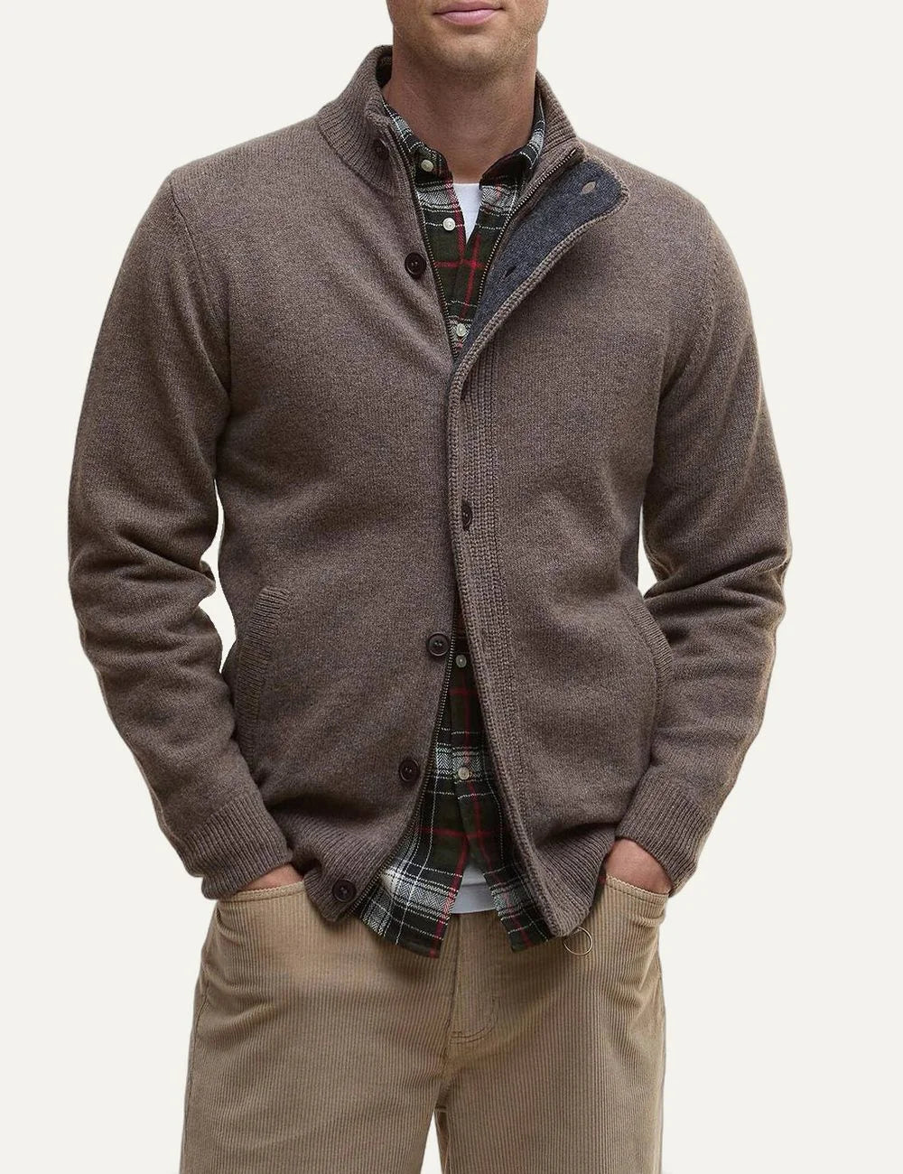Barbour men's brown lambswool button-up knitted cardigan with Alcantara elbow patches model