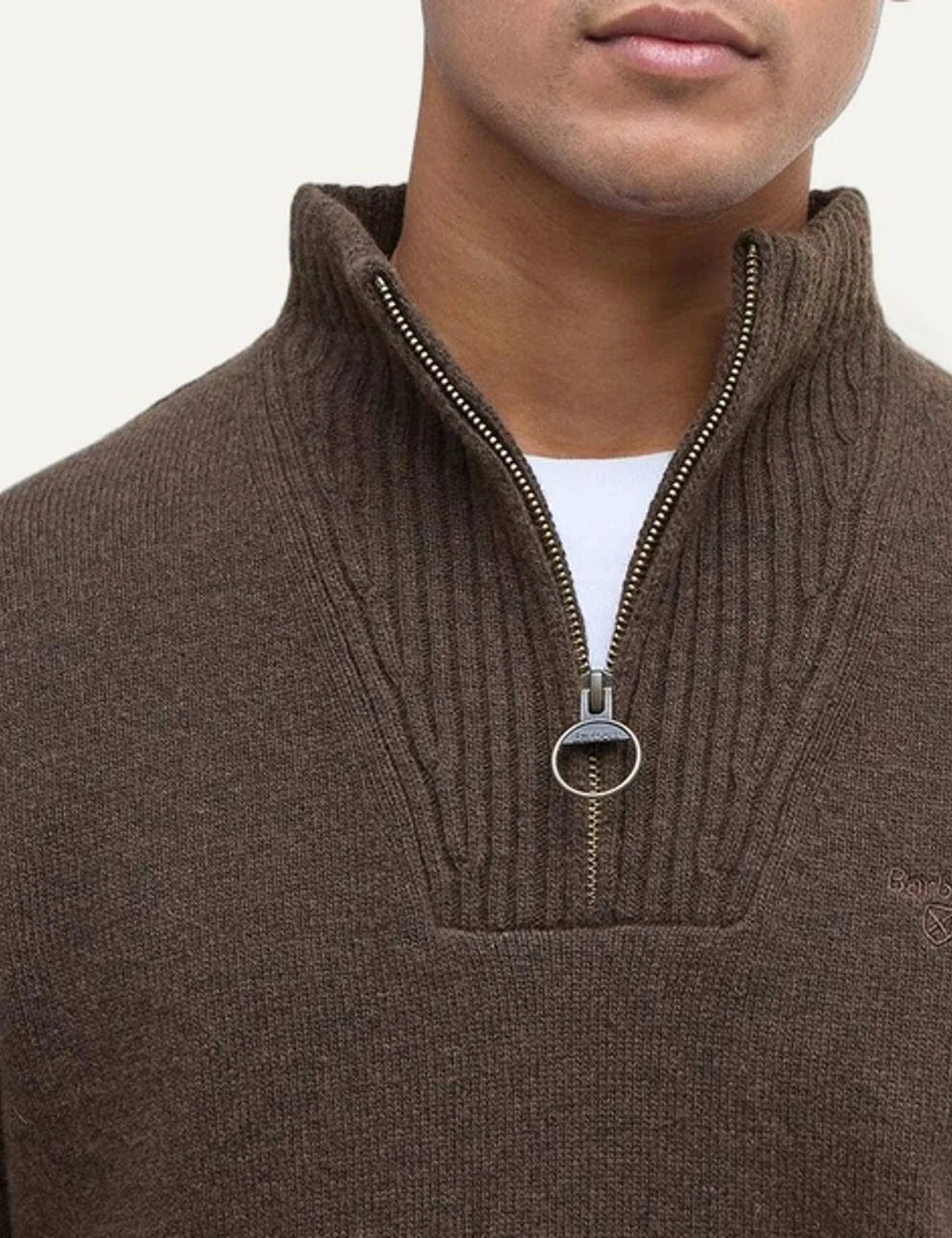 Barbour men's brown lambswool quarter-zip knitted jumper detail