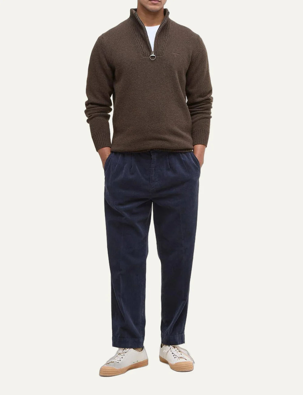 Barbour men's brown lambswool quarter-zip knitted jumper full body