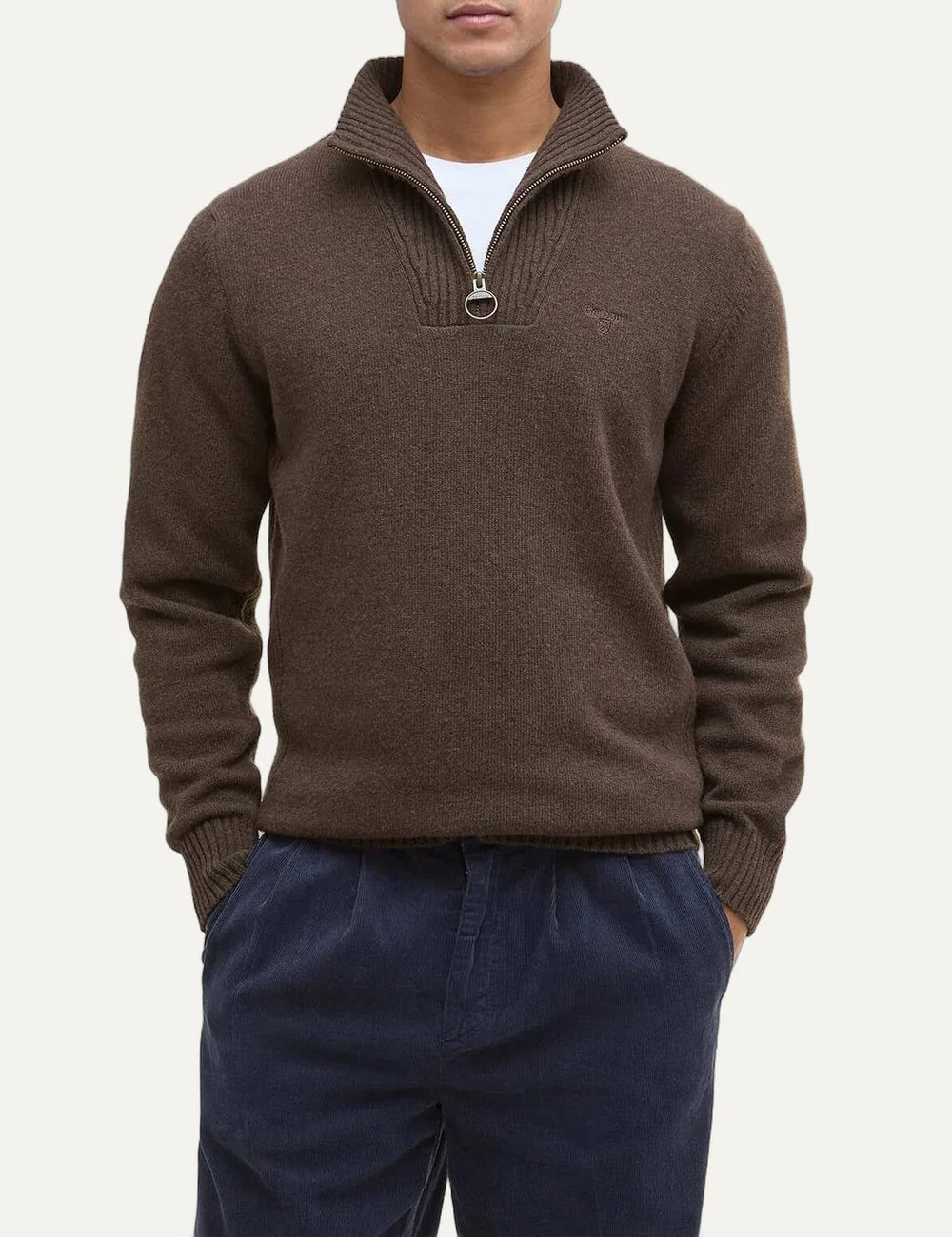 Barbour men's brown lambswool quarter-zip knitted jumper full body