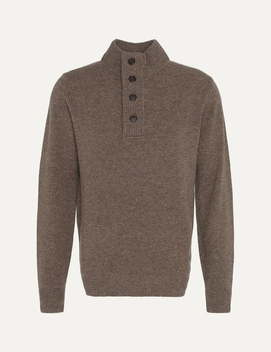 Barbour men's brown wool funnel neck jumper with leather elbow patches