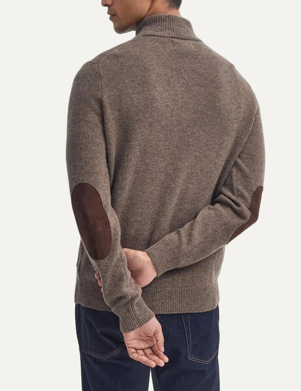 Barbour men's brown wool funnel neck jumper with leather elbow patches back