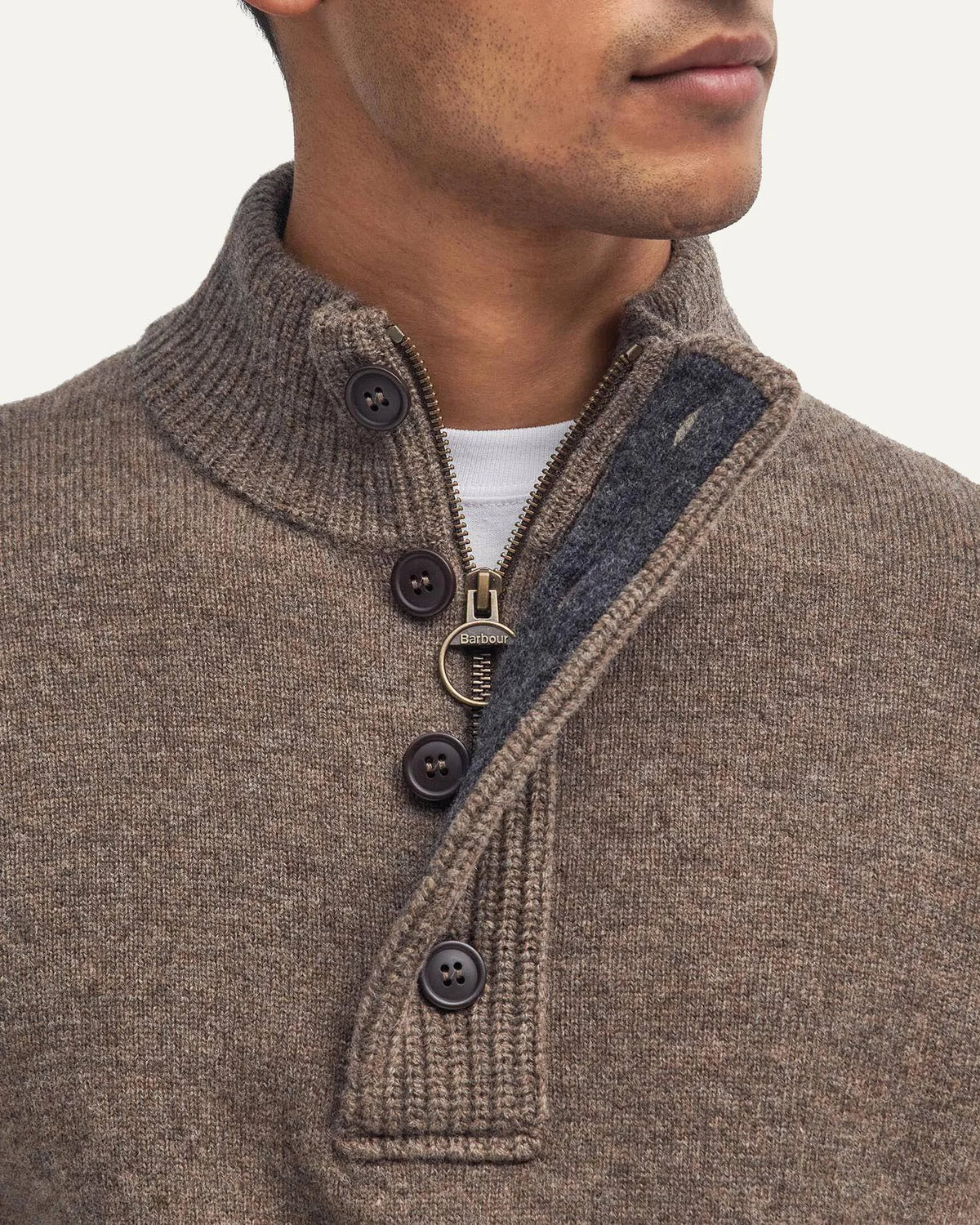 Barbour men's brown wool funnel neck jumper with leather elbow patches detail