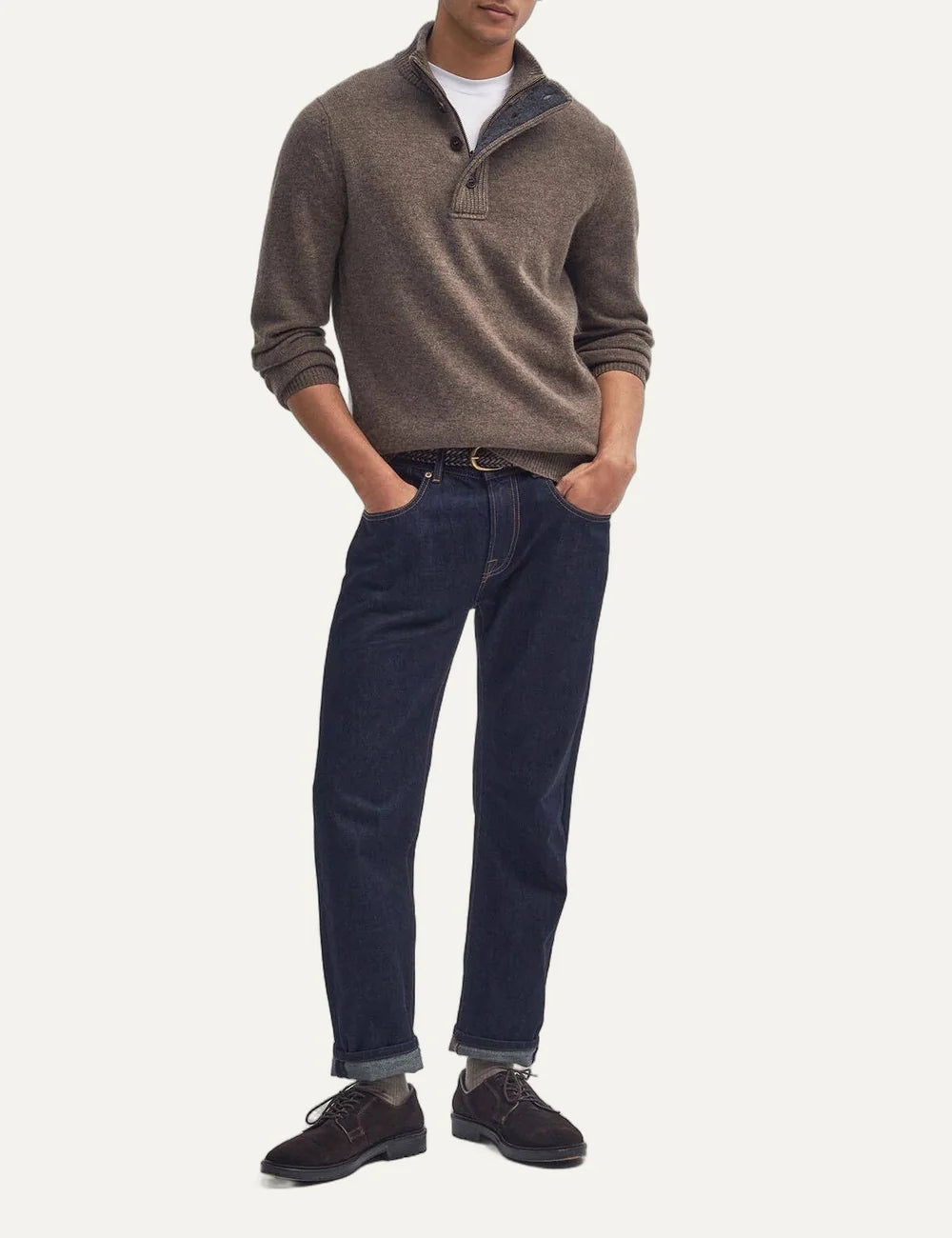 Barbour men's brown wool funnel neck jumper with leather elbow patches full body