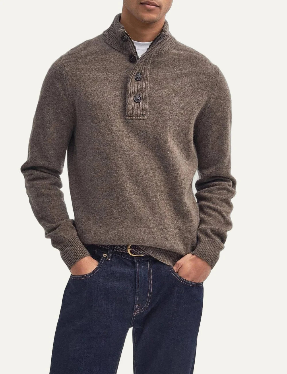 Barbour men's brown wool funnel neck jumper with leather elbow patches model