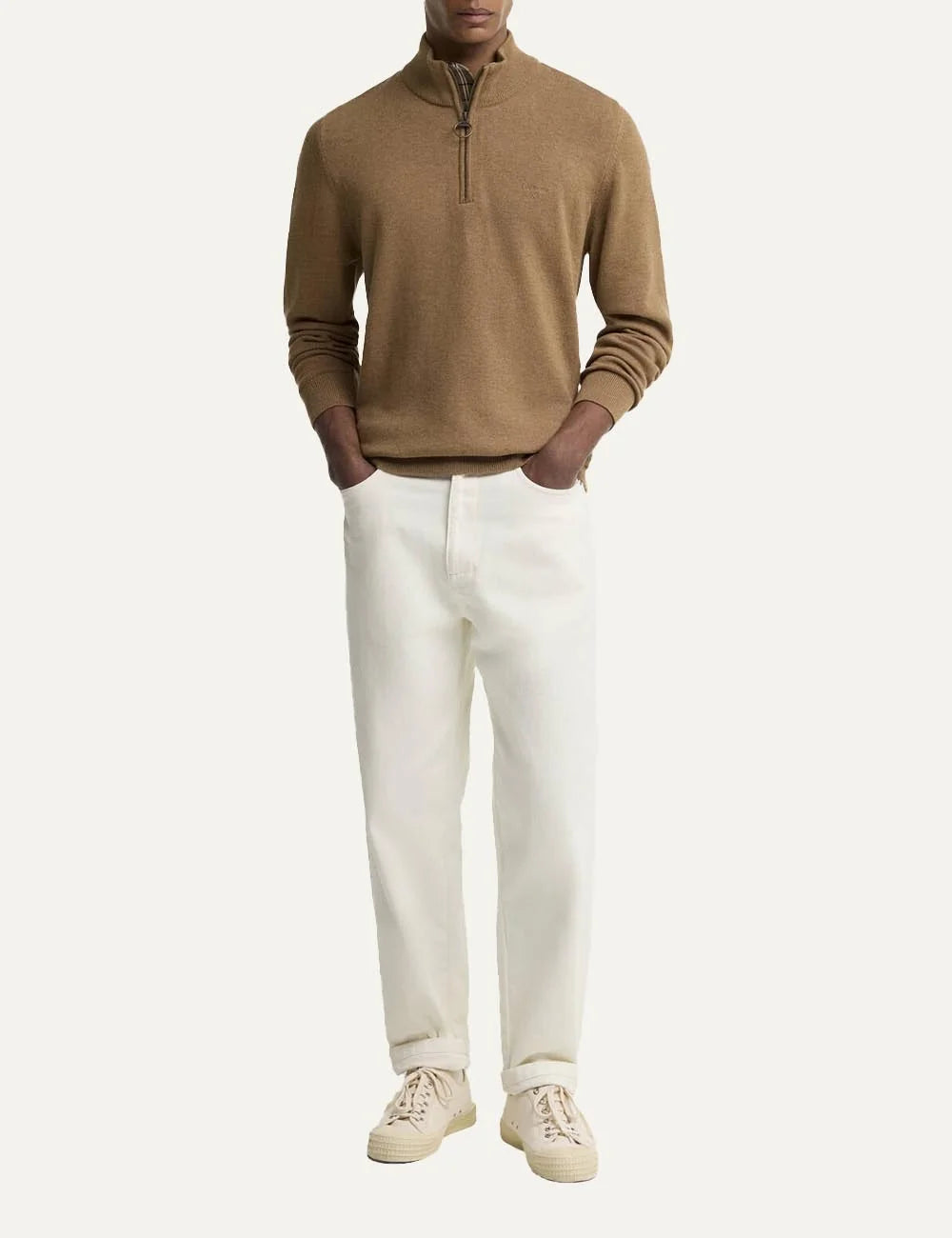 Barbour men's camel cotton quarter zip jumper full body