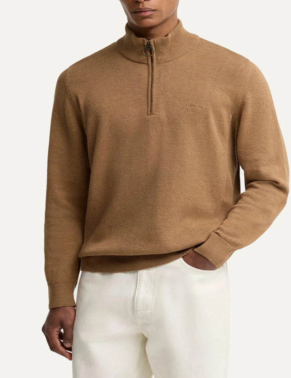 Barbour men's camel cotton quarter zip jumper model