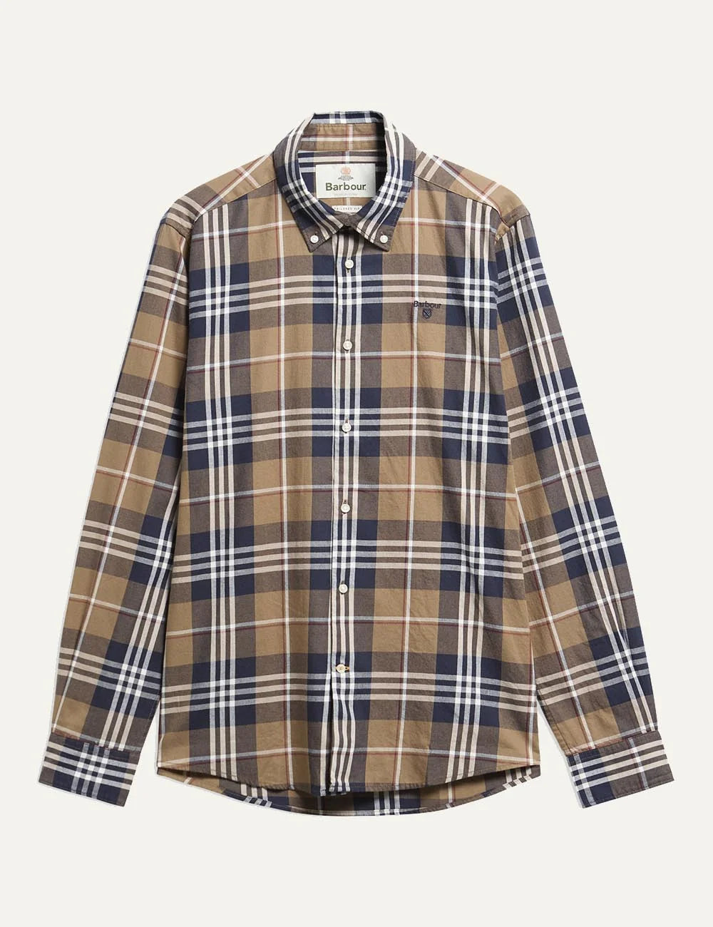 Barbour men's cotton check shirt in camel, navy, white and burgundy