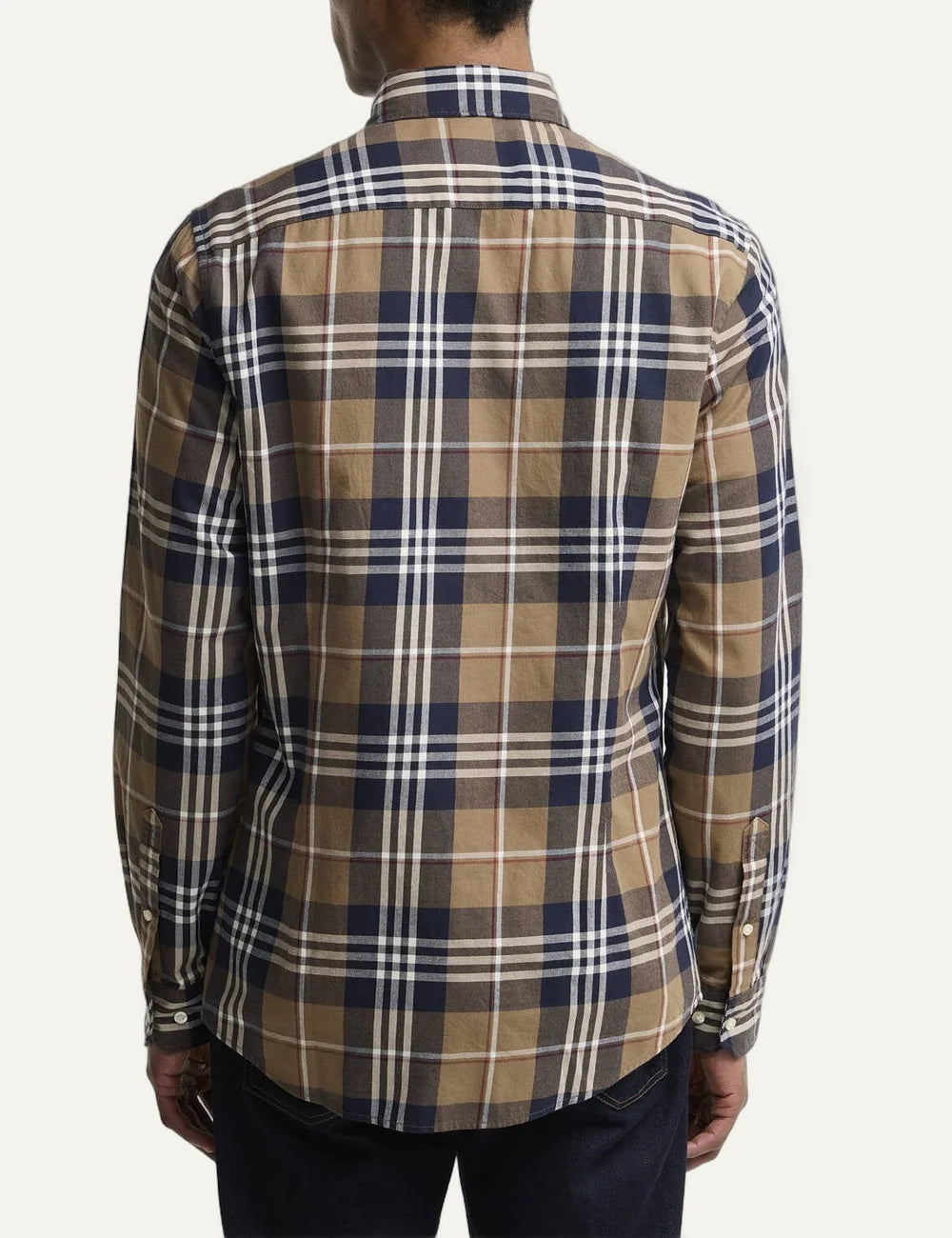 Barbour men's cotton check shirt in camel, navy, white and burgundy back