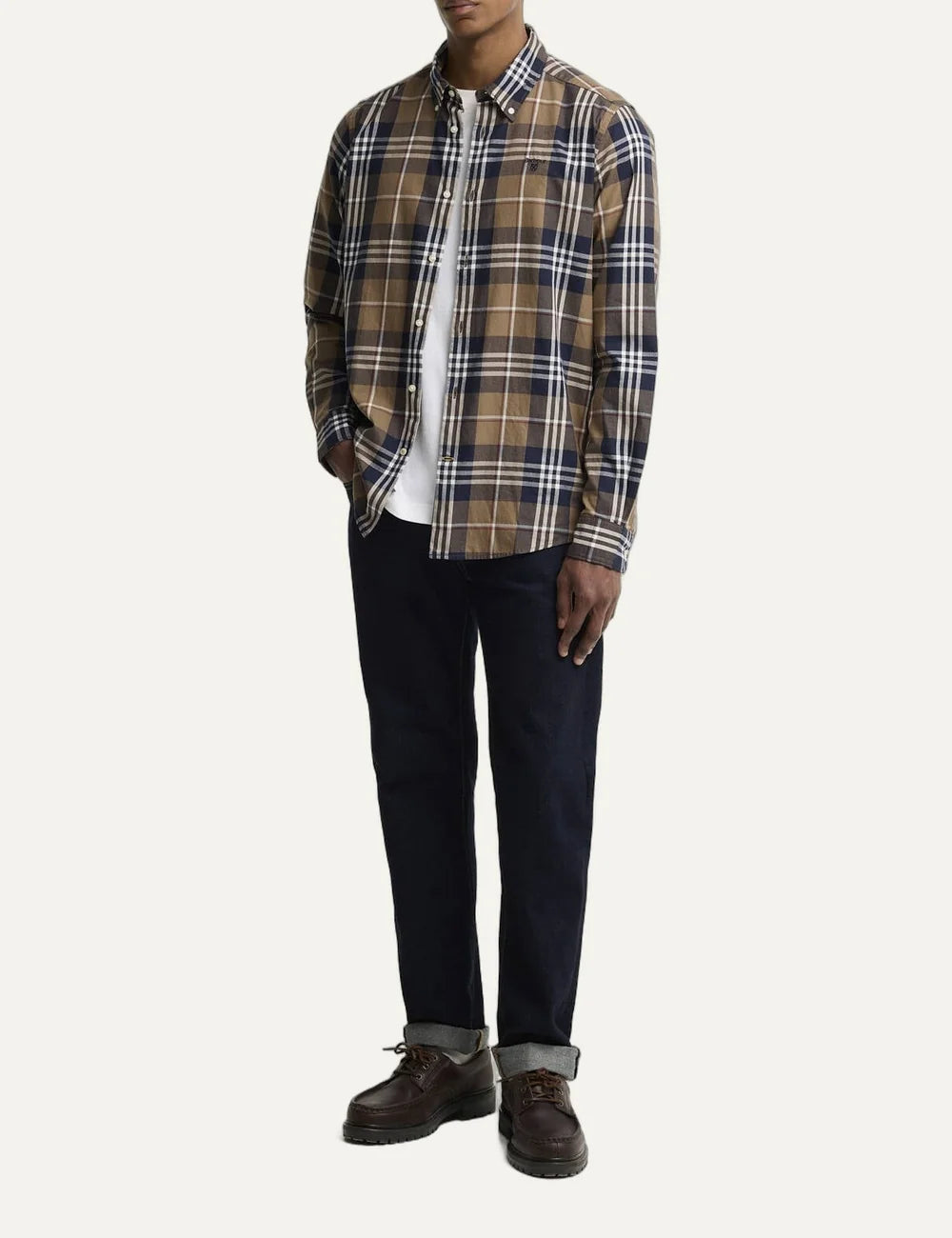 Barbour men's cotton check shirt in camel, navy, white and burgundy full body