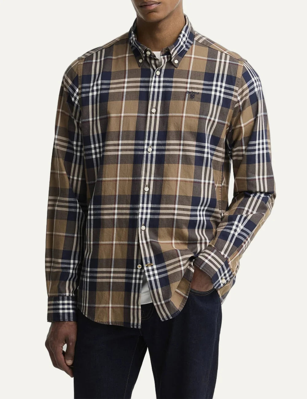 Barbour men's cotton check shirt in camel, navy, white and burgundy model