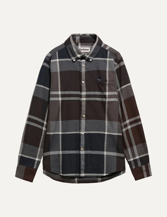 Barbour men's cotton check shirt in dark brown, charcoal and black