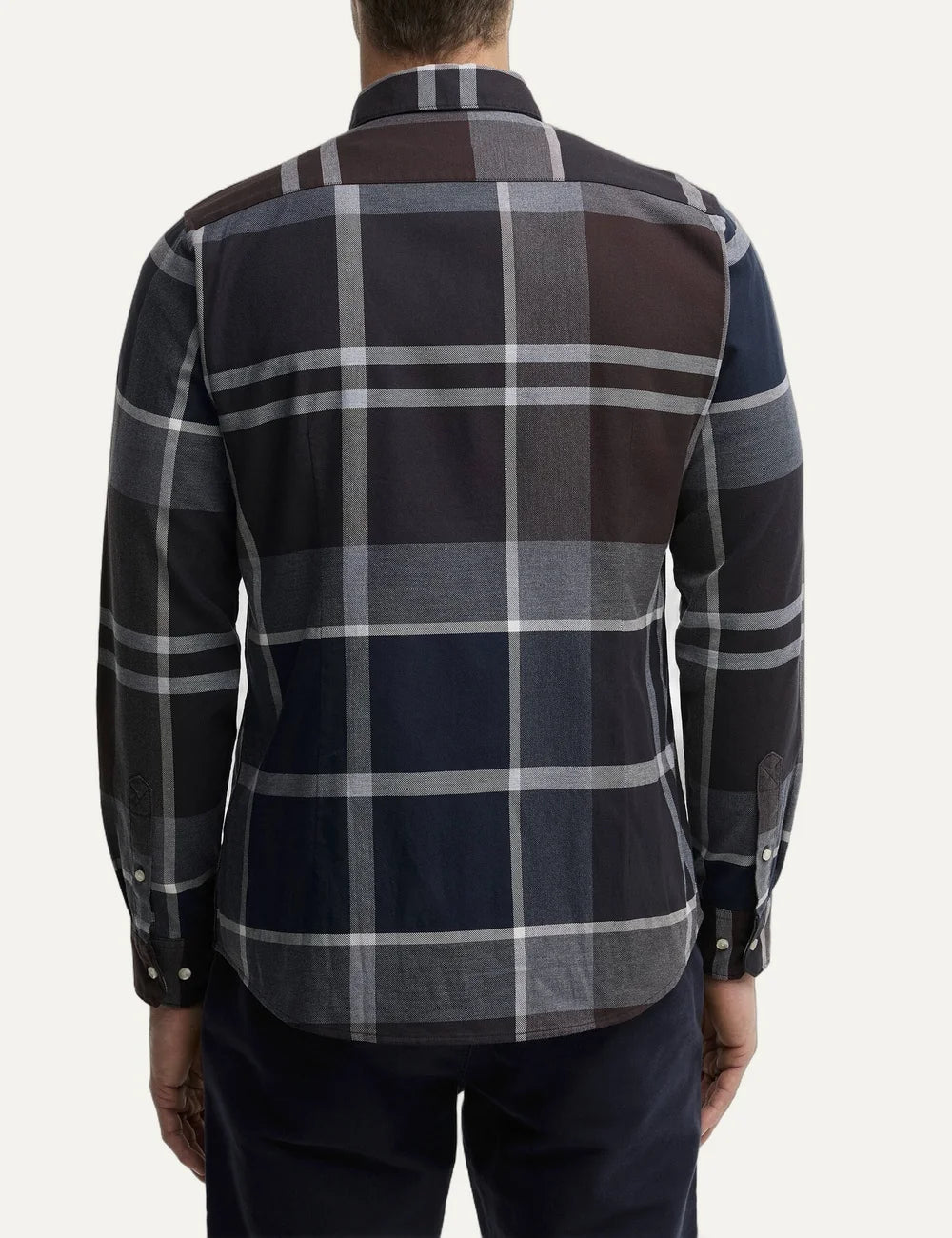 Barbour men's cotton check shirt in dark brown, charcoal and black back