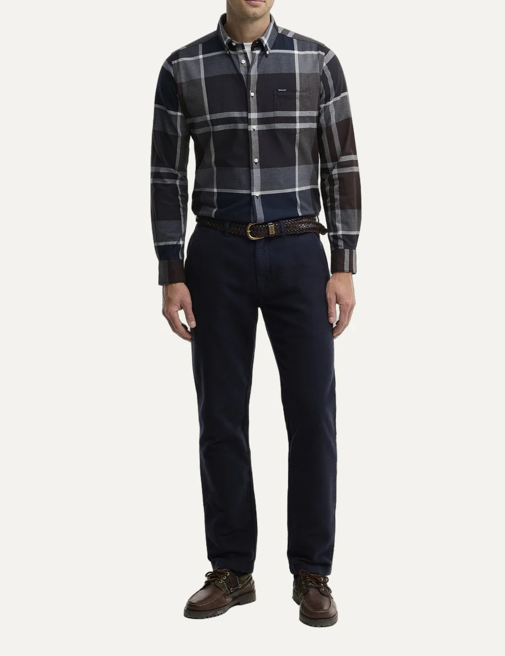 Barbour men's cotton check shirt in dark brown, charcoal and black full body