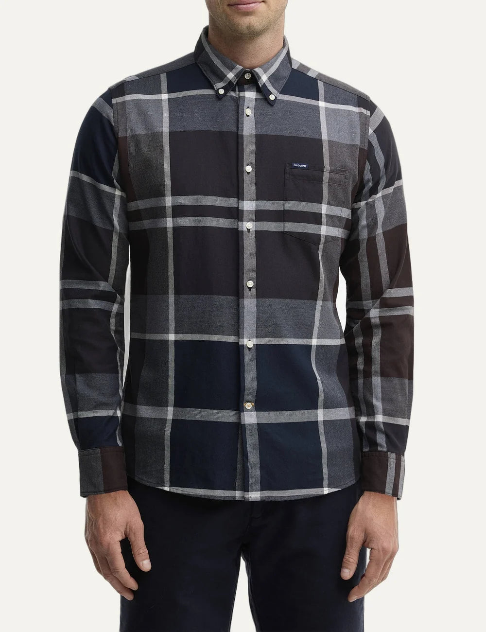 Barbour men's cotton check shirt in dark brown, charcoal and black model