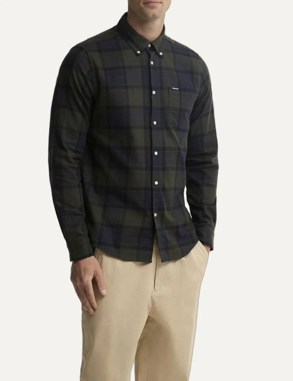 Barbour men's cotton check shirt in dark green and navy blue model