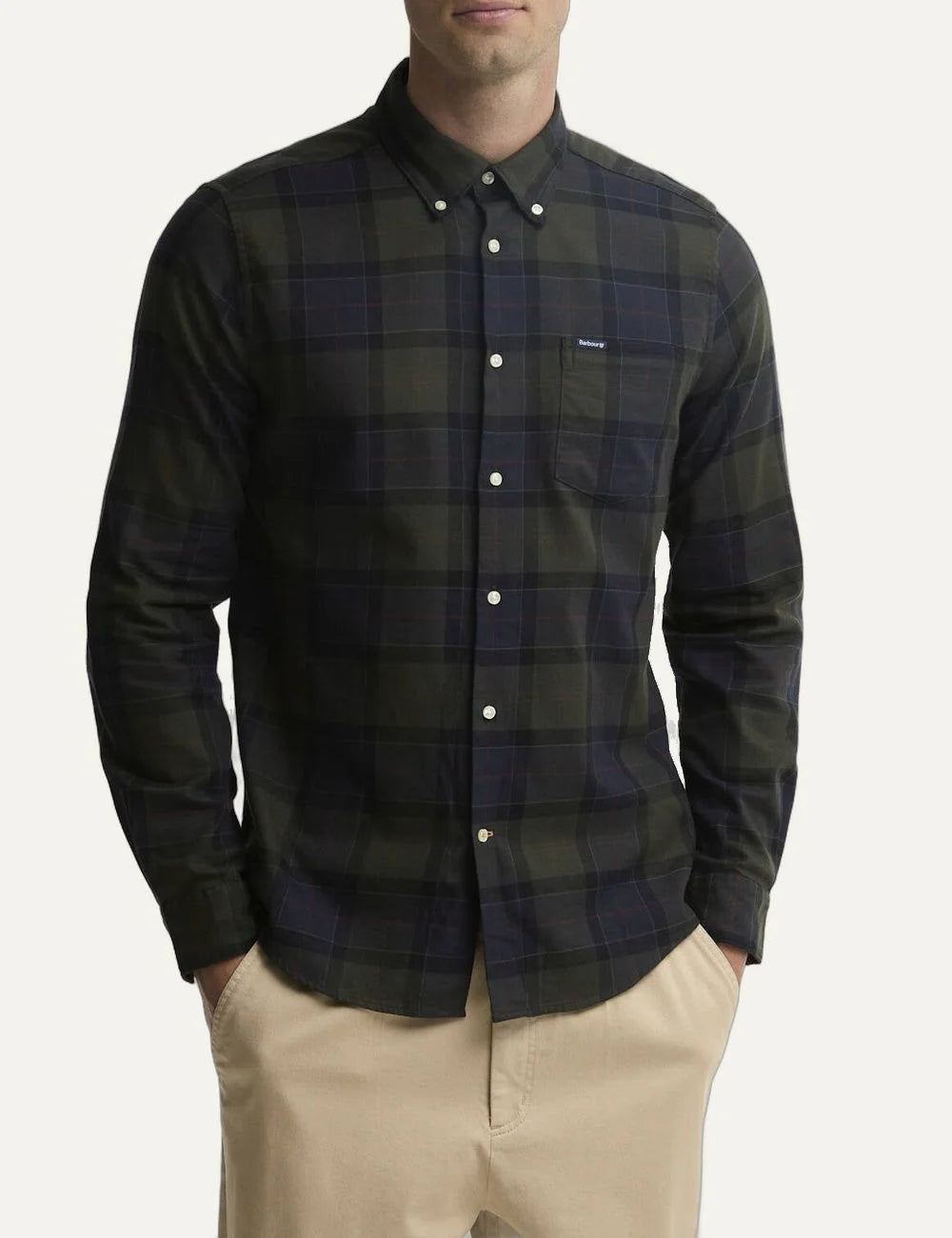 Barbour men's cotton check shirt in dark green and navy blue model