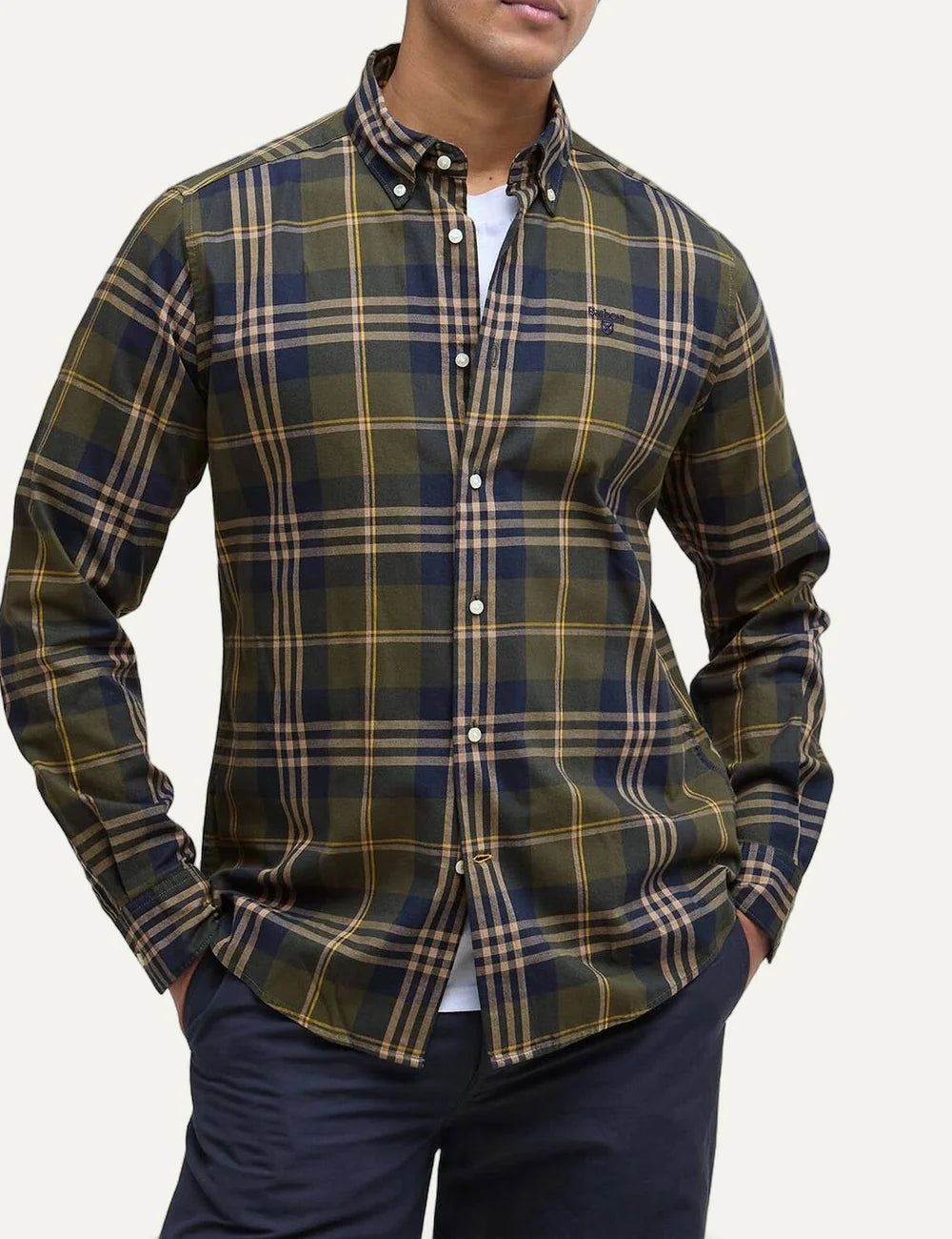 Barbour men's cotton check shirt in khaki, navy and beige model