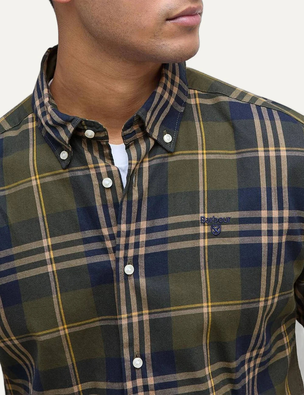 Barbour men's cotton check shirt in khaki, navy and beige detail