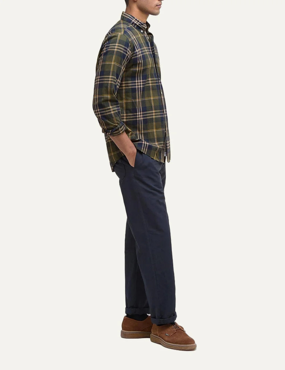 Barbour men's cotton check shirt in khaki, navy and beige side