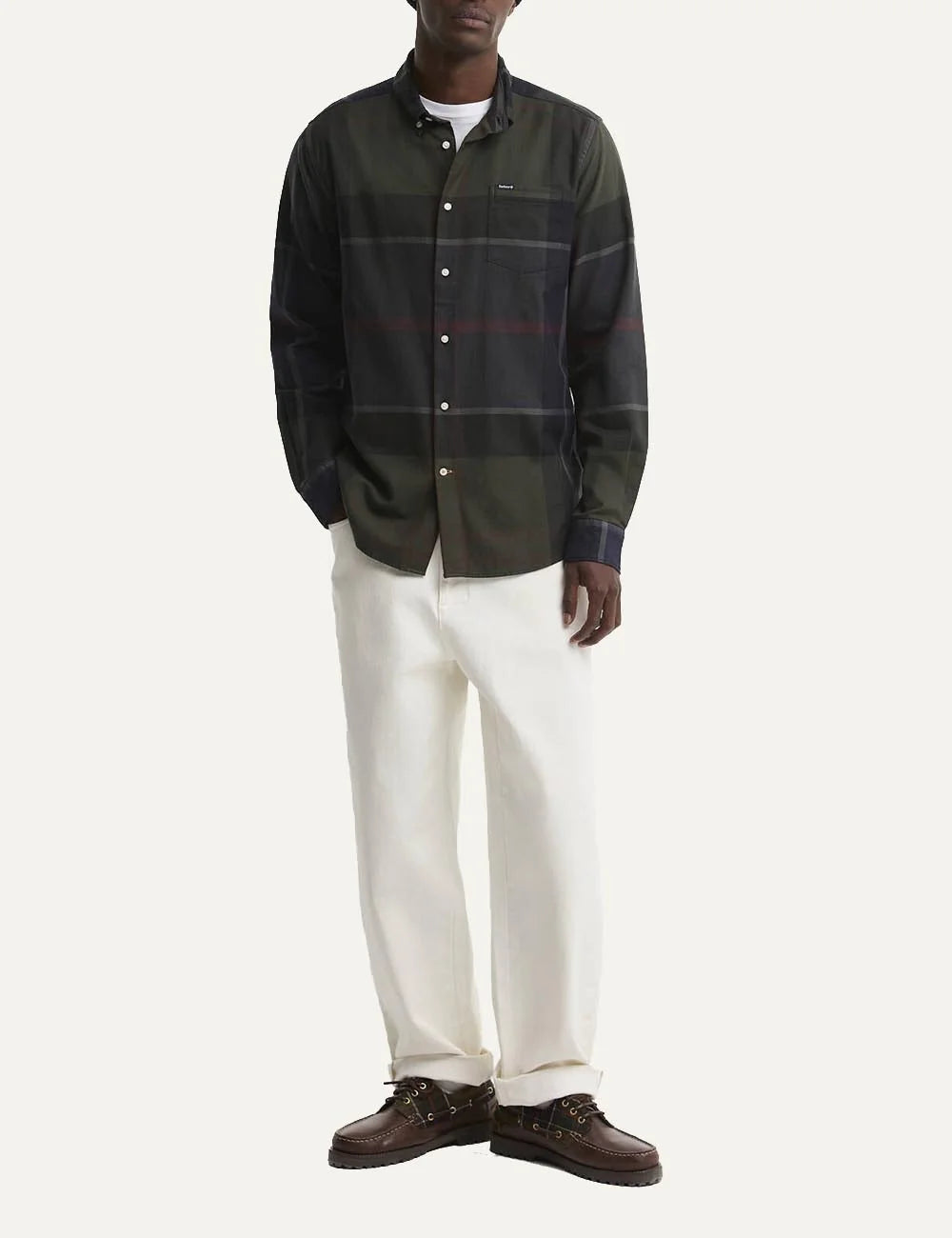 Barbour men's cotton check shirt in navy, dark green and burgundy full body