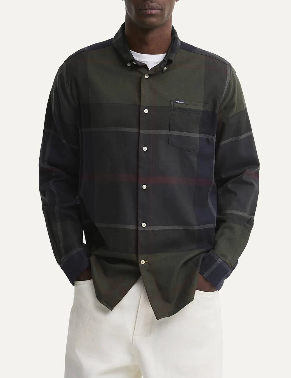Barbour men's cotton check shirt in navy, dark green and burgundy model