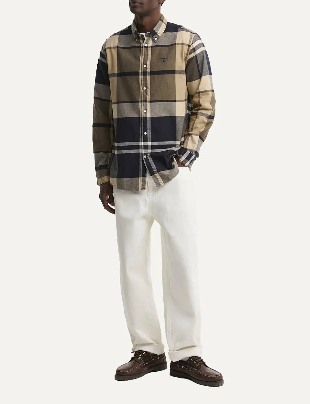 Barbour men's cotton tartan shirt in beige, brown and navy full body