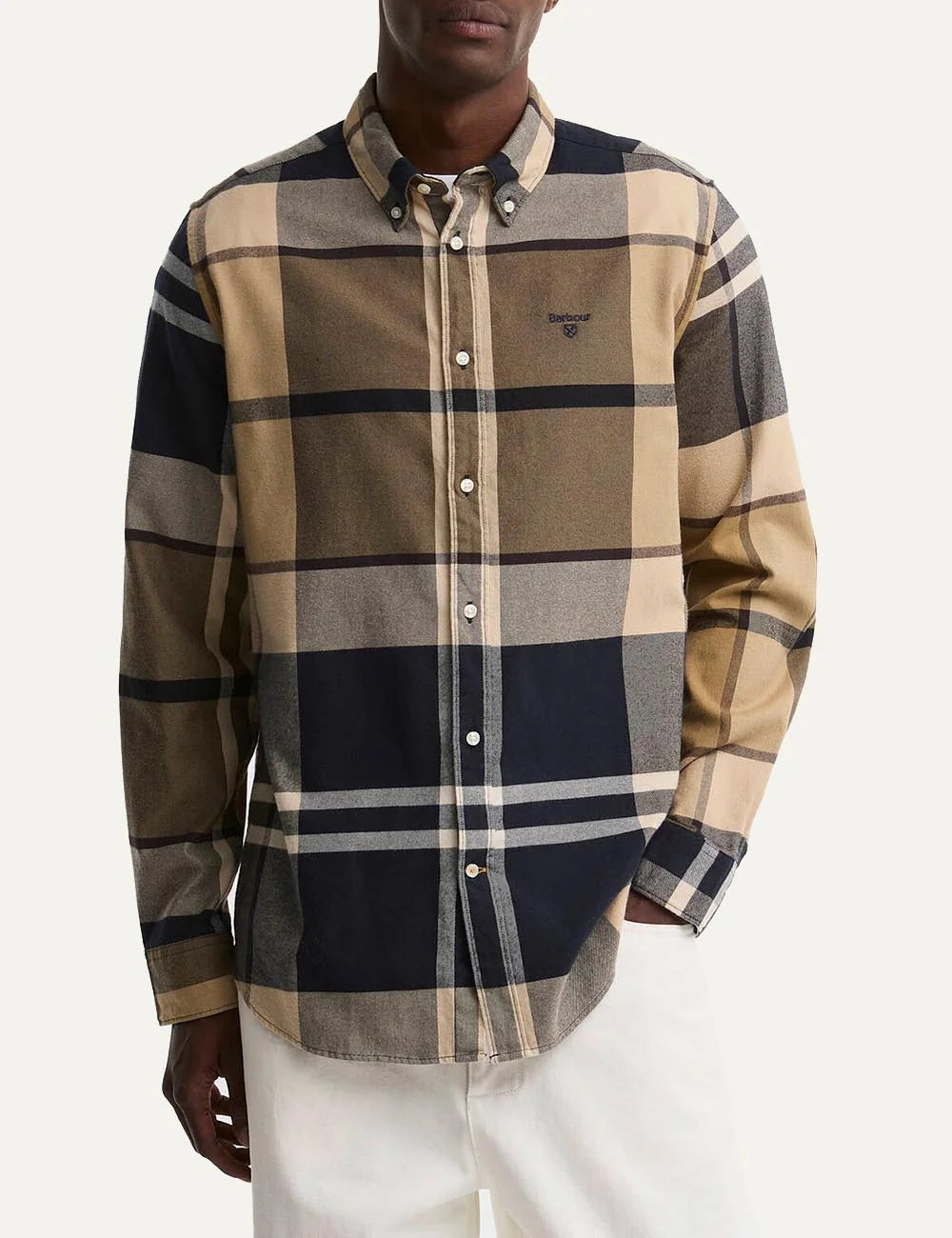 Barbour men's cotton tartan shirt in beige, brown and navy model