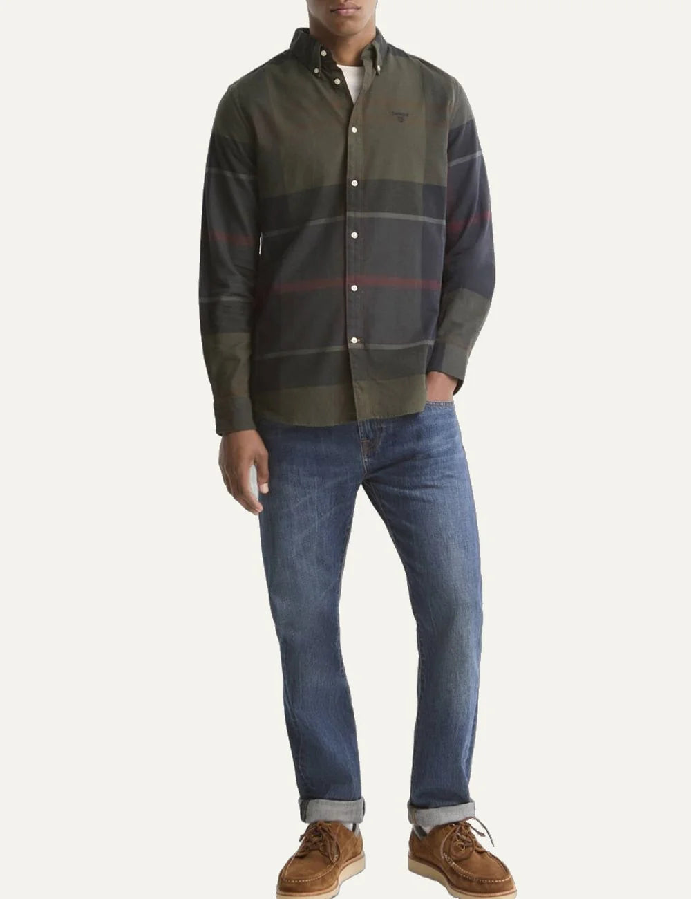 Barbour men's cotton tartan shirt in navy, green and burgundy full body