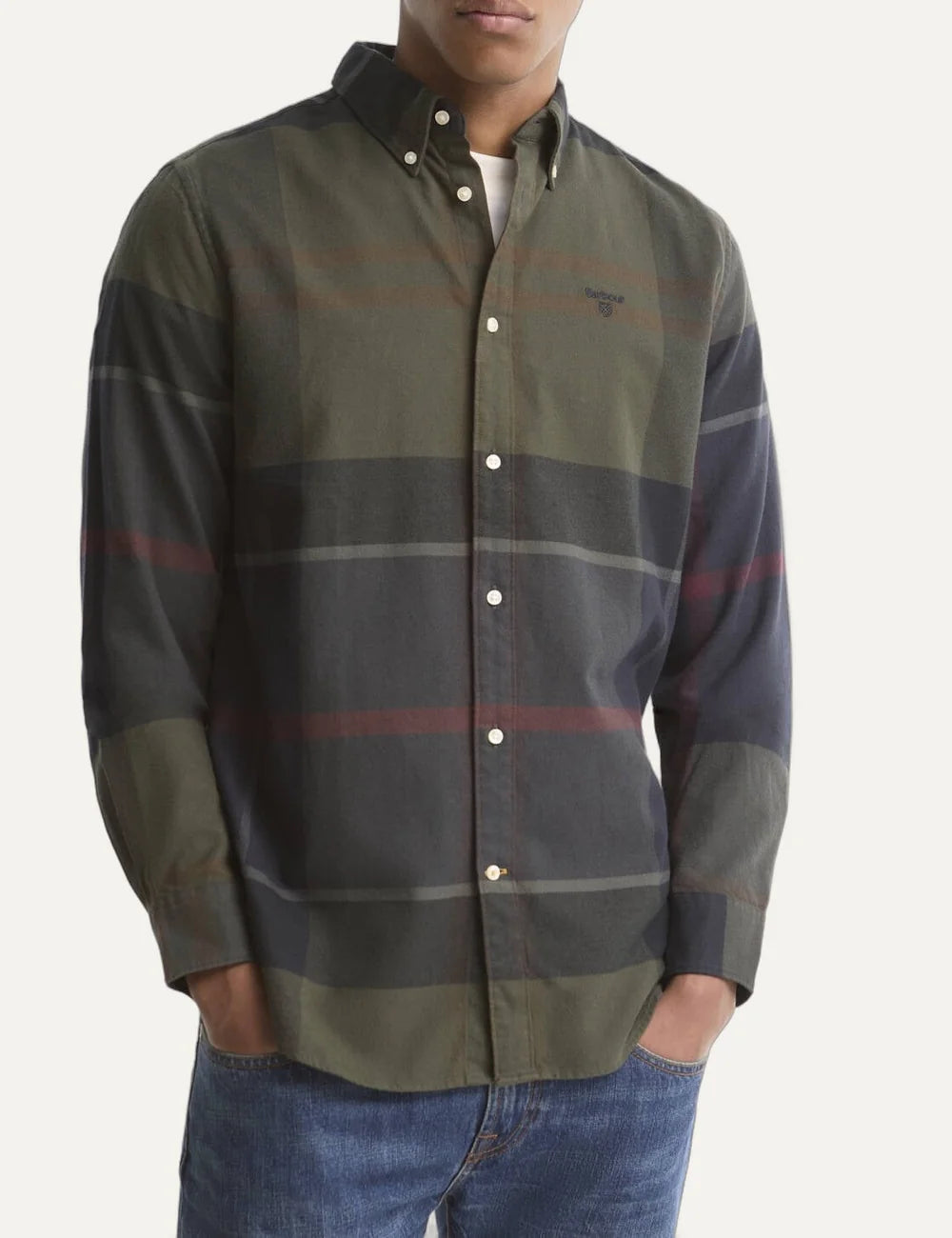 Barbour men's cotton tartan shirt in navy, green and burgundy model